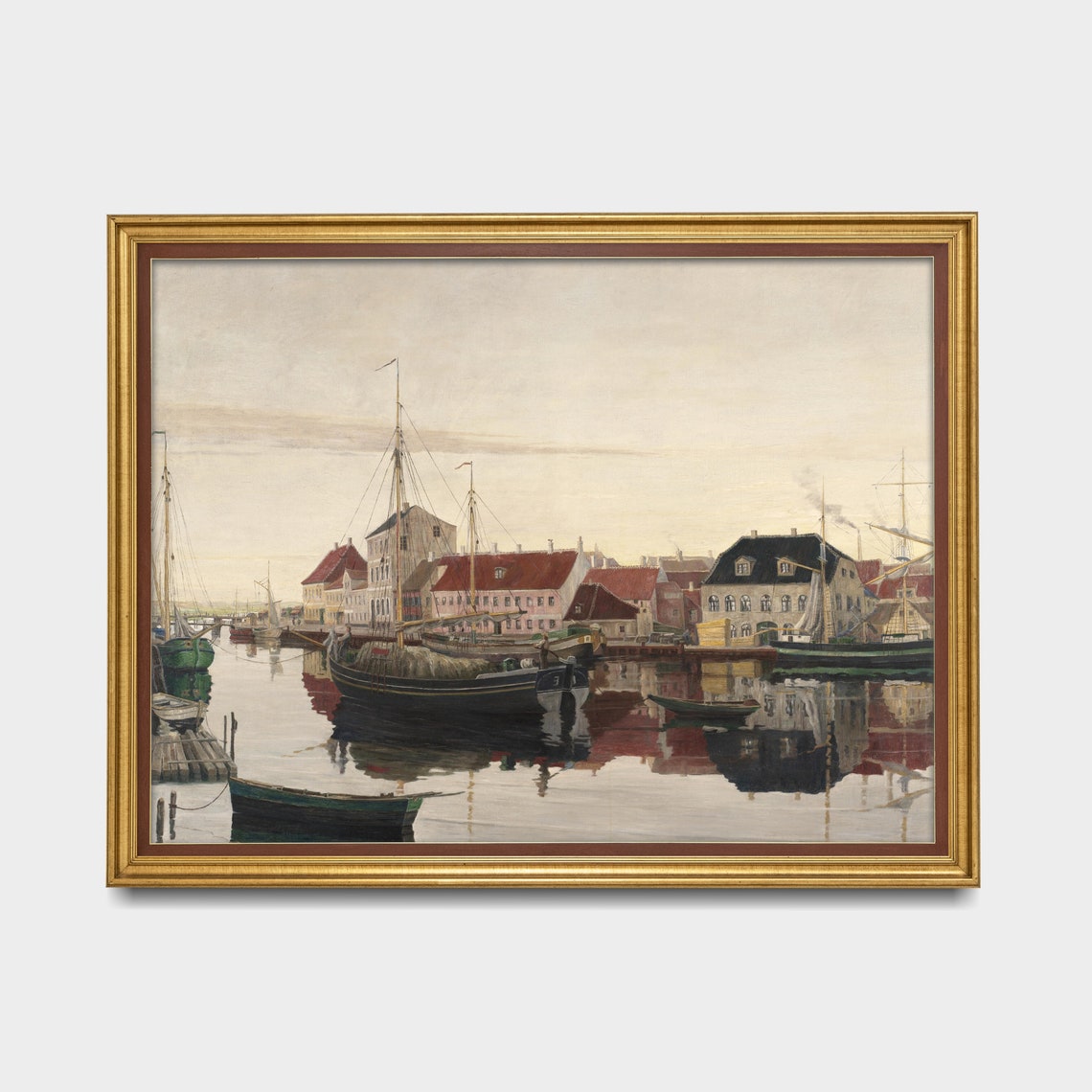 Vintage Harbor With Tall Ships Painting Antique Nautical Wall Art - Image 4