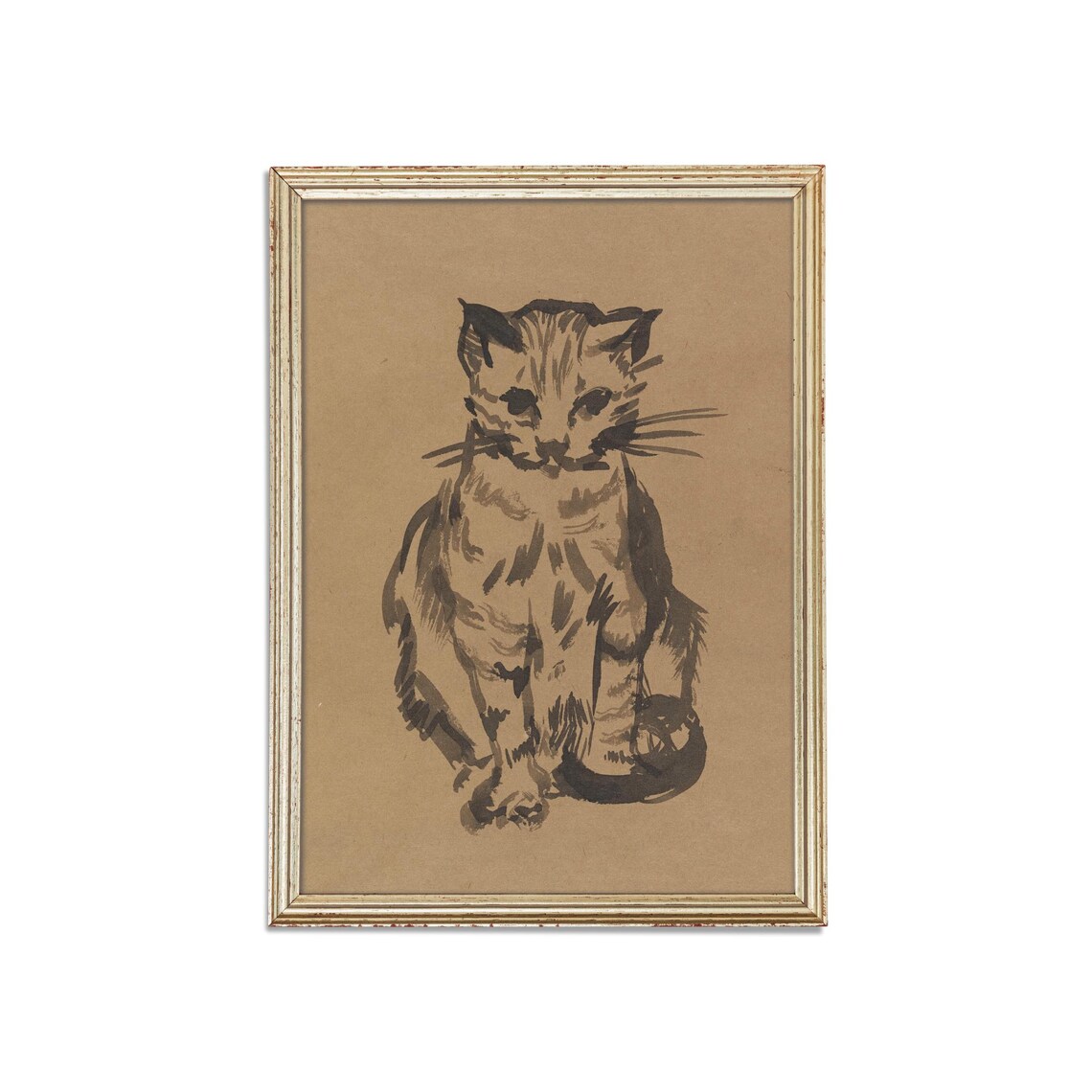 Tabby Cat Ink Sketch on Warm Tan Paper Vintage Feline Poster - Image 3