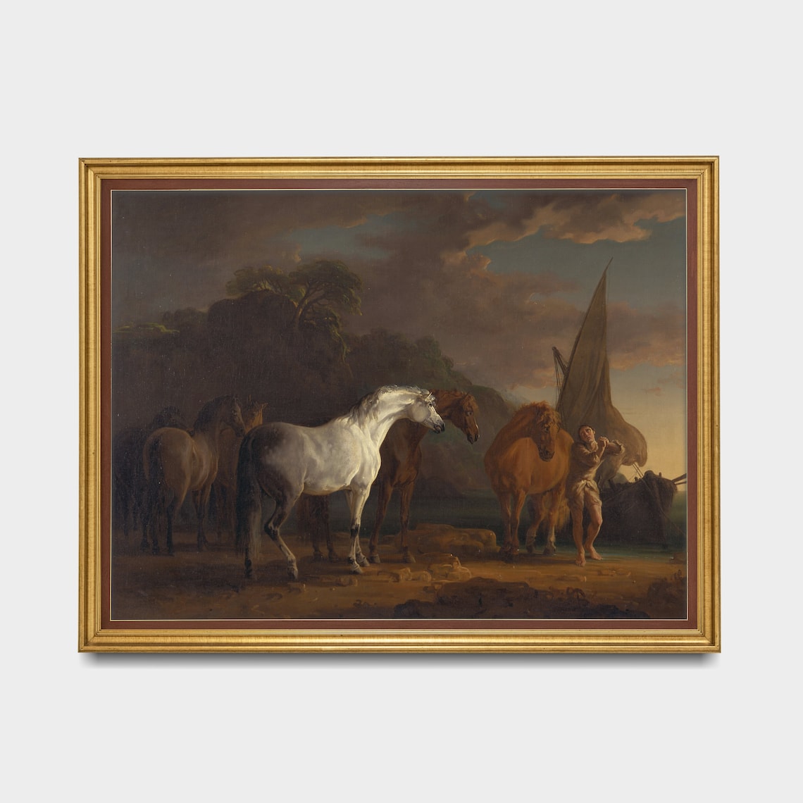 Horses on a Beach at Dusk with a Beached Sailboat Oil Poster - Image 3
