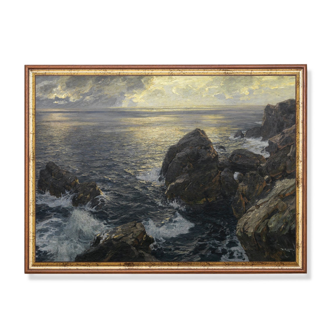 Rocky Coastline Sunset Waves Vintage Seascape Painting Poster