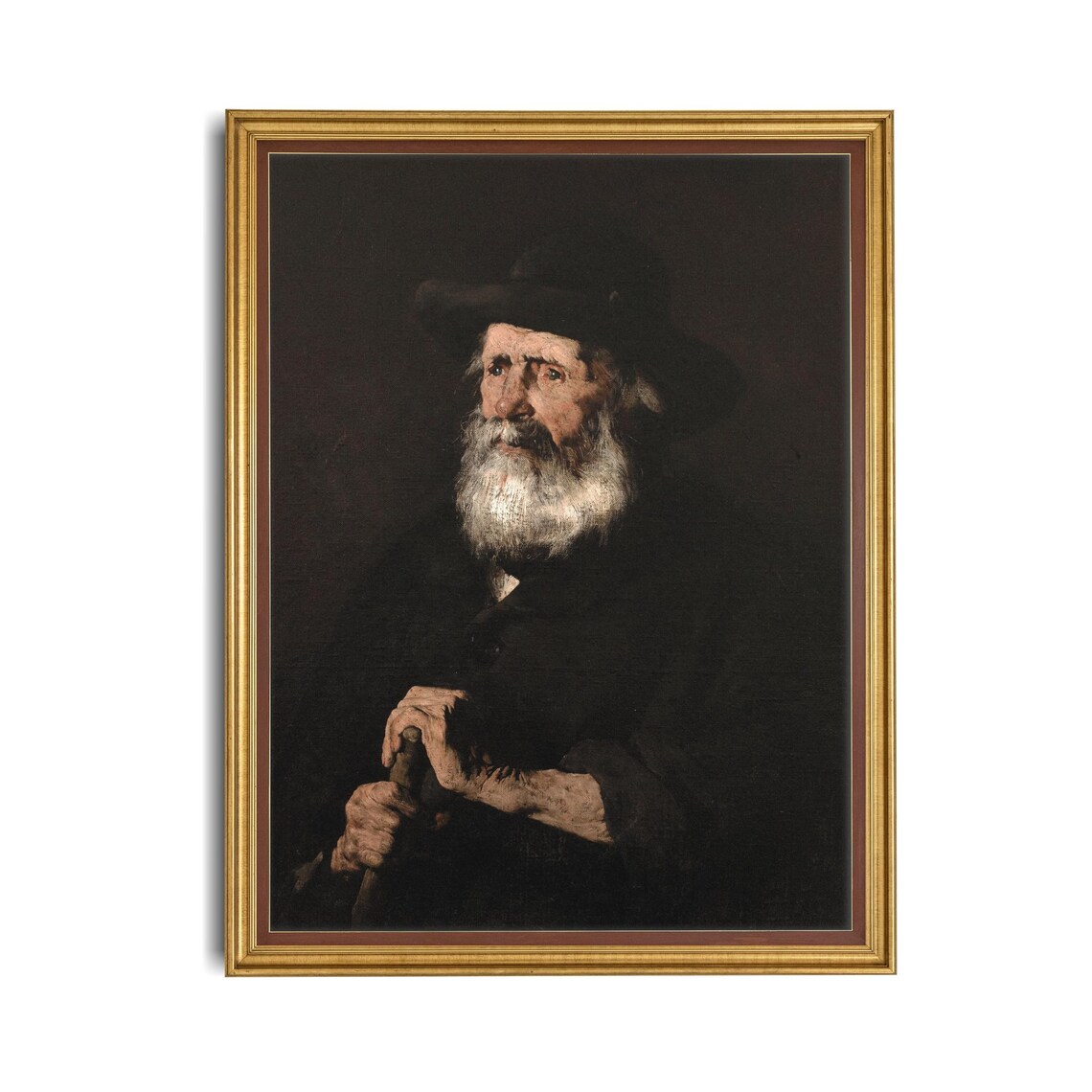 Old Bearded Man Black Hat Walking Stick Moody Oil Portrait Art Poster - Image 4