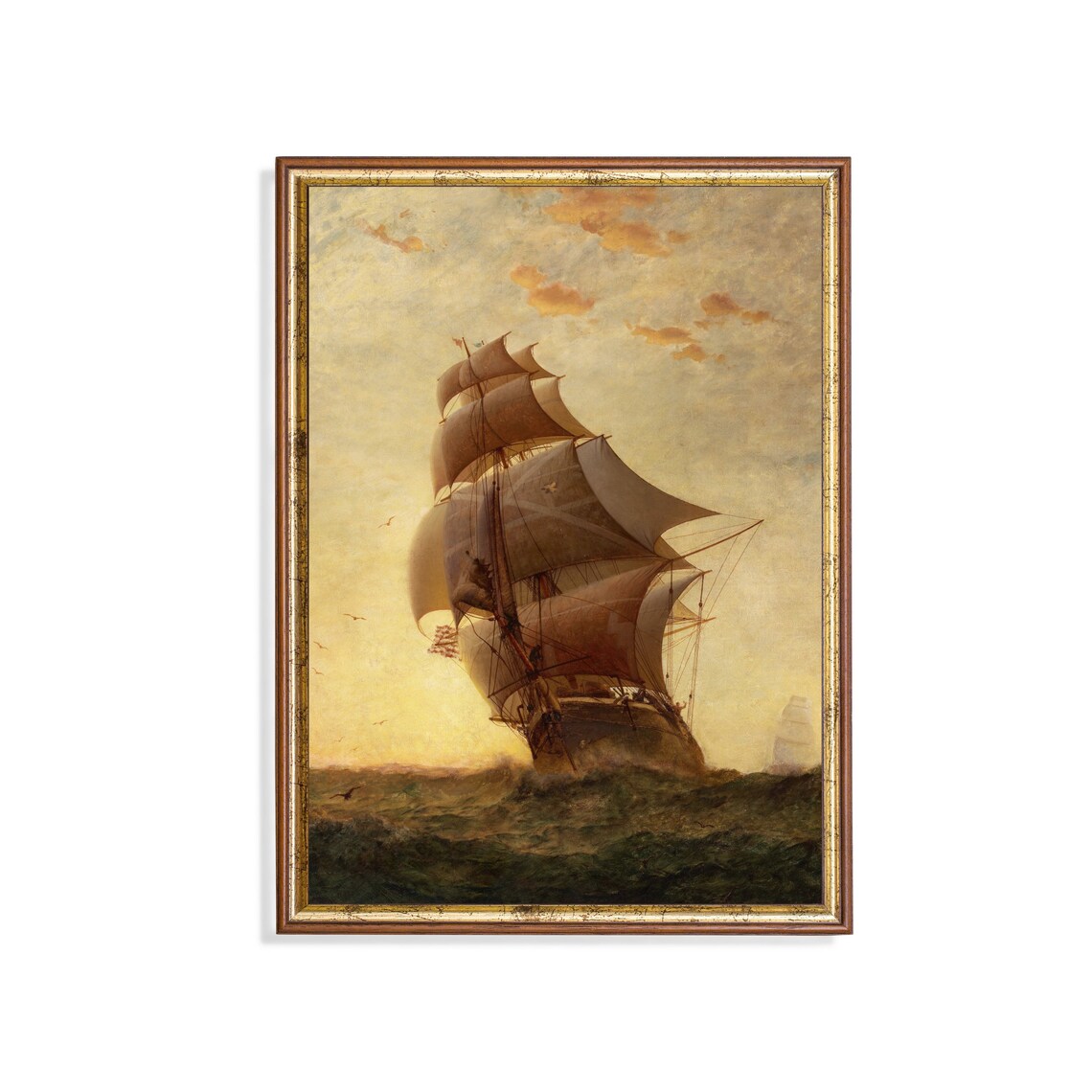 Tall Ship Under Full Sail at Sunset Vintage Maritime Seascape Poster