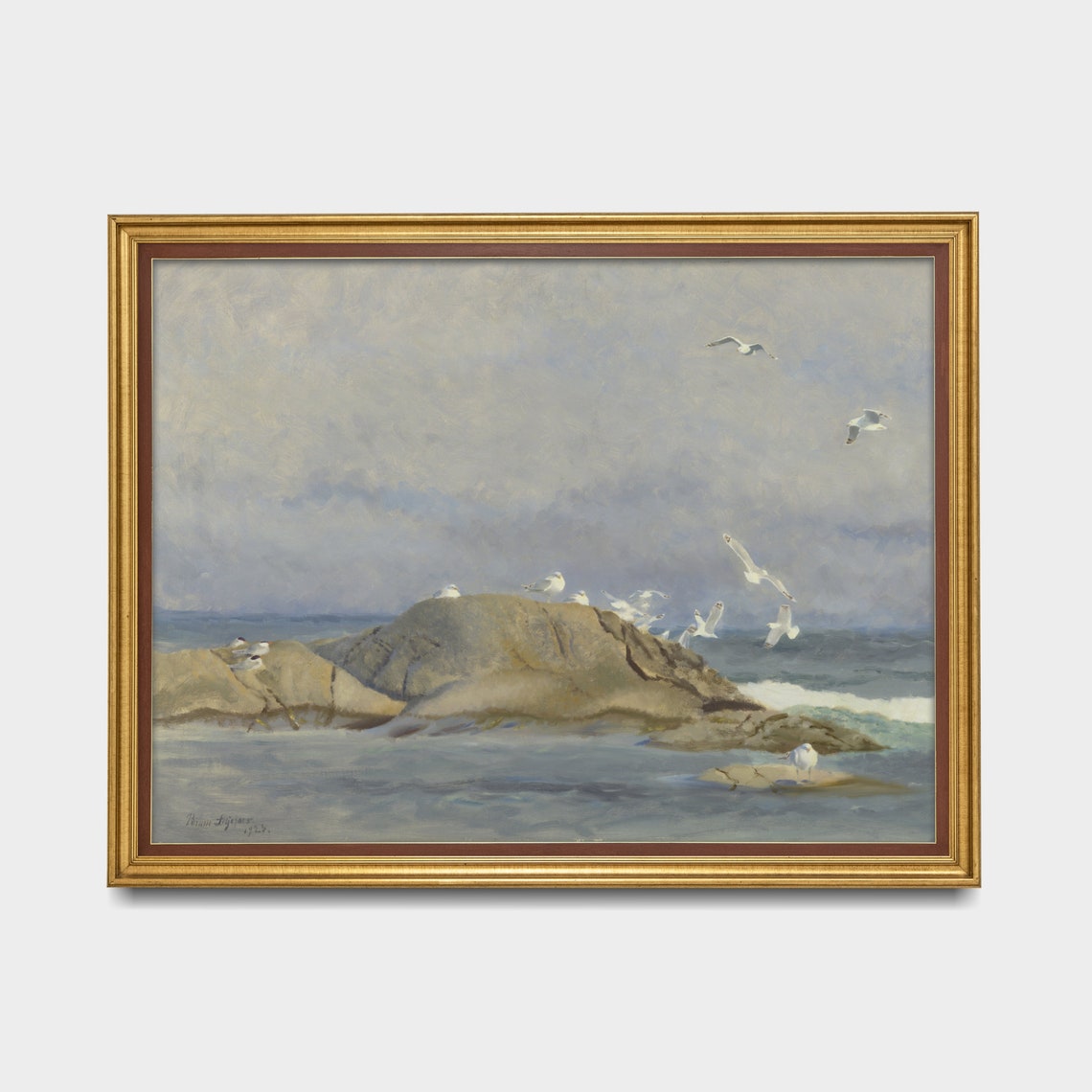 Seagulls Soaring Over a Rocky Island in a Grey Sea Sky Poster - Image 5