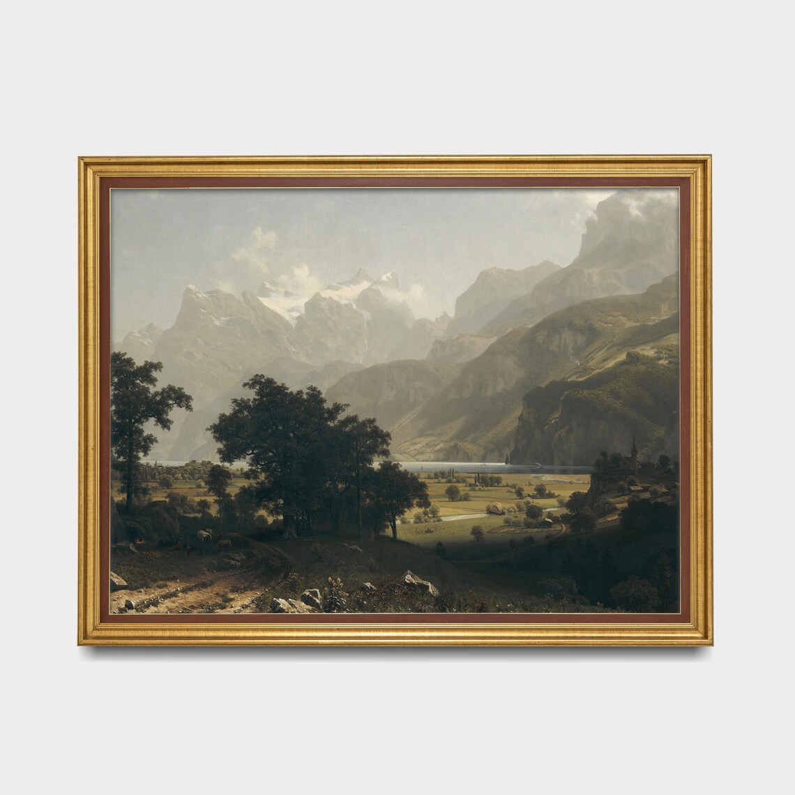 Alpine Valley Lake With Snow Peaks Vintage Mountain Landscape Poster - Image 3