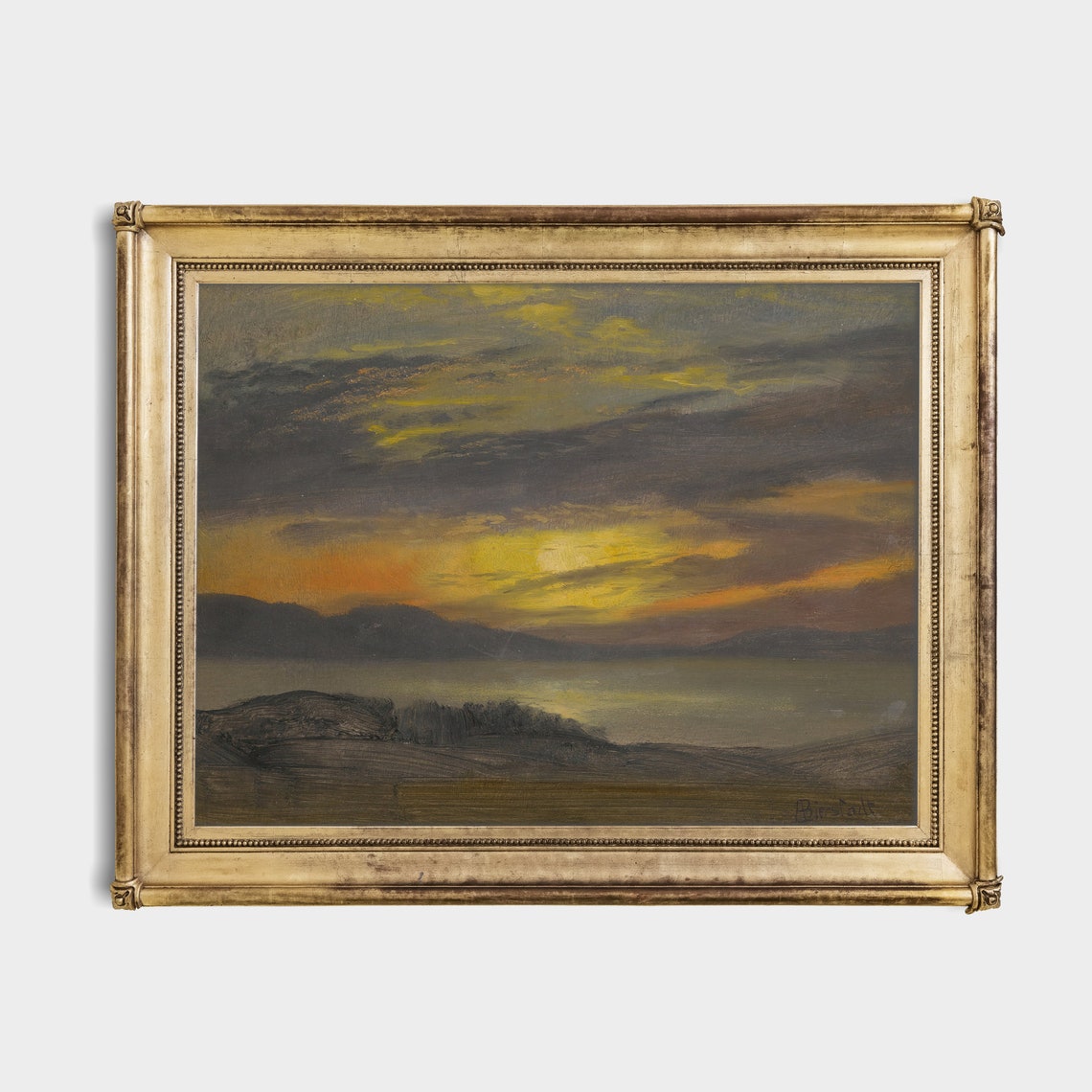 Golden Sunset Clouds over Dark Hills Reflected in a Still Lake Poster - Image 2
