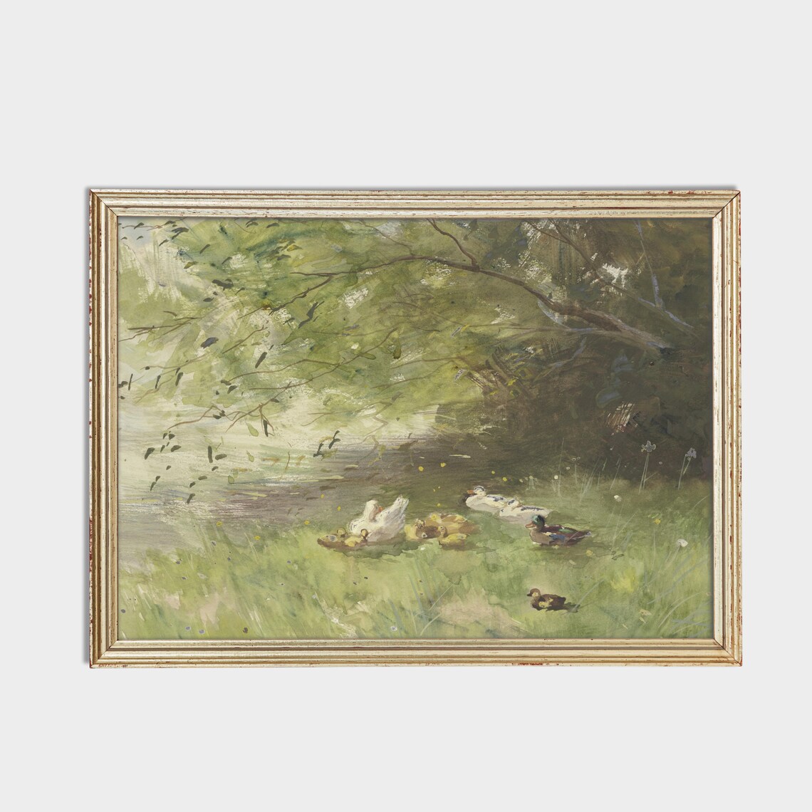 Vintage Spring Landscape Ducks in River Art Print - Image 2