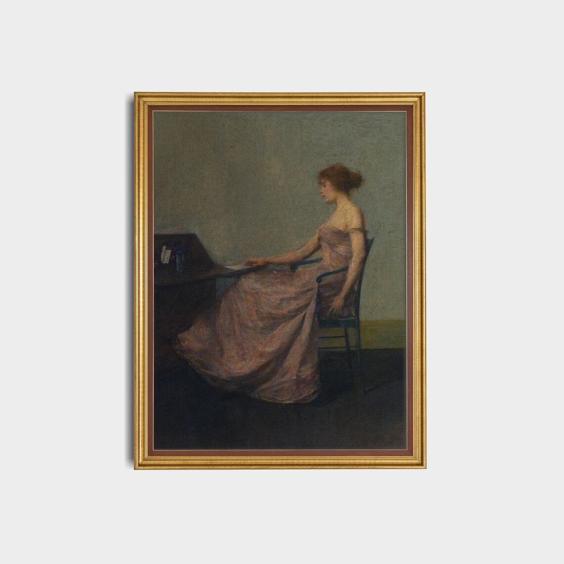 Woman in Pink Gown Seated at a Dark Desk Vintage Portrait Poster - Image 3