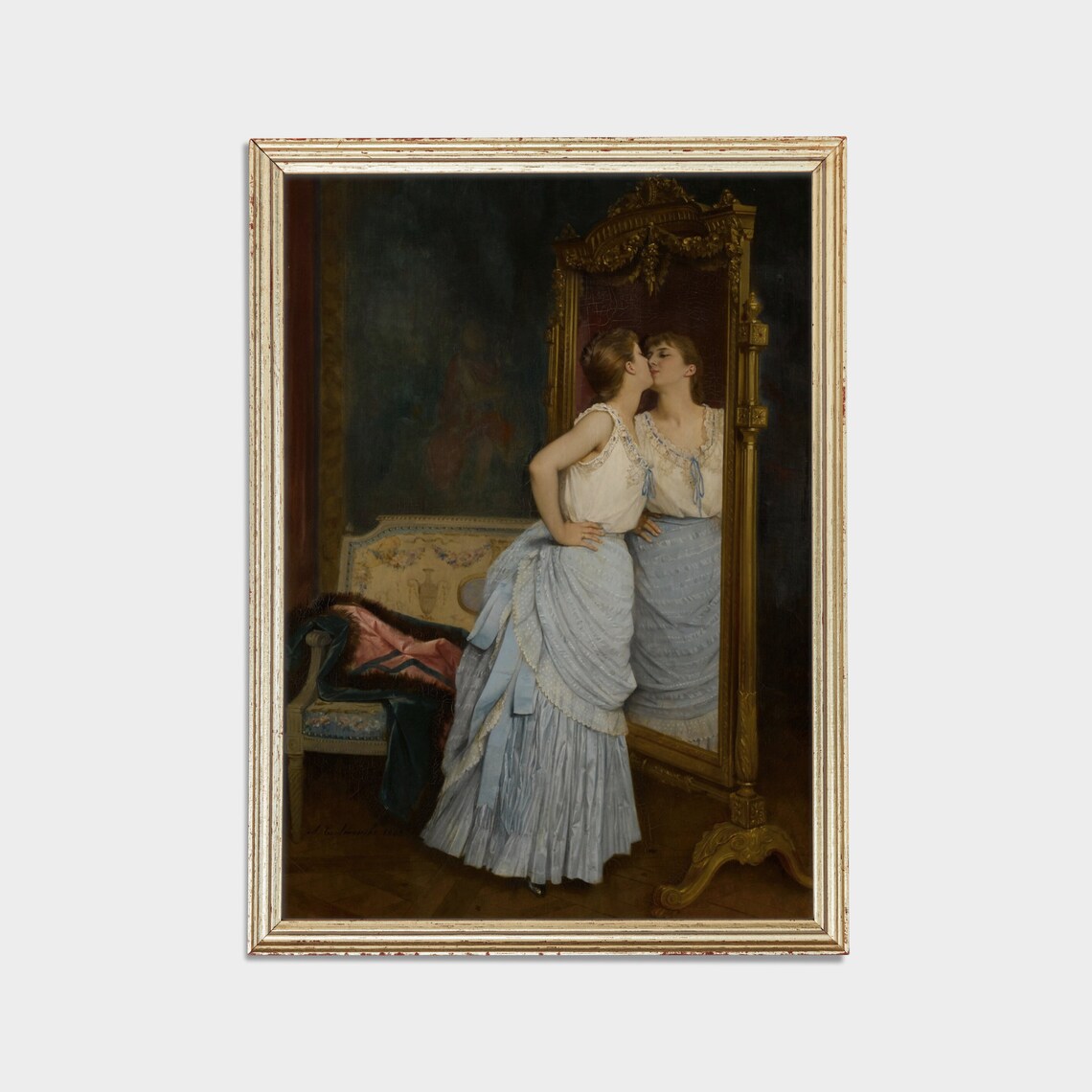 Woman In Blue Gown Admiring Herself In The Tall Cheval Mirror Poster - Image 2