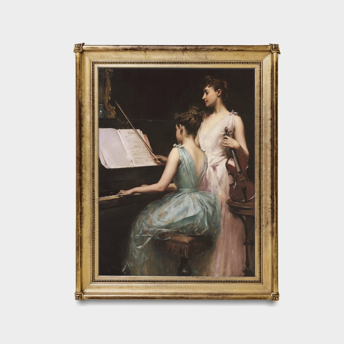 Two Women Playing Piano and Violin Vintage Musical Painting Poster - Image 2