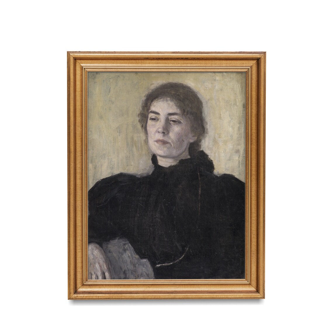 Moody Woman in Black High Collar Vintage Expressive Portrait Oil Art Poster - Image 2
