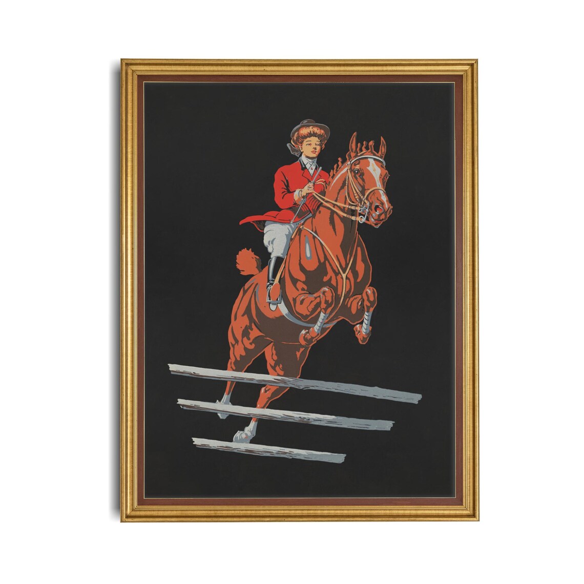 Vintage Equestrian Show Jumper Chestnut Horse Rider Art Poster - Image 4