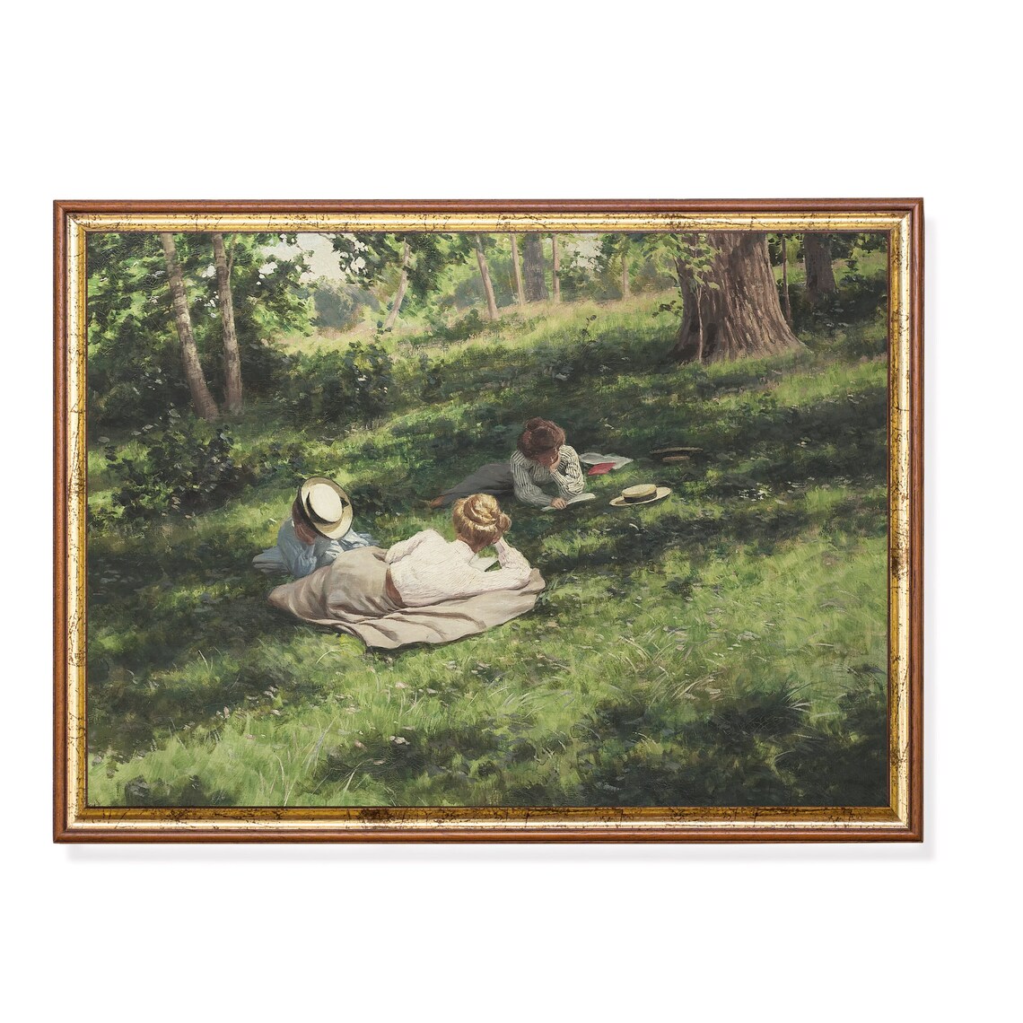 Two Women Reading On A Blanket In The Sunlit Woodland Clearing Poster