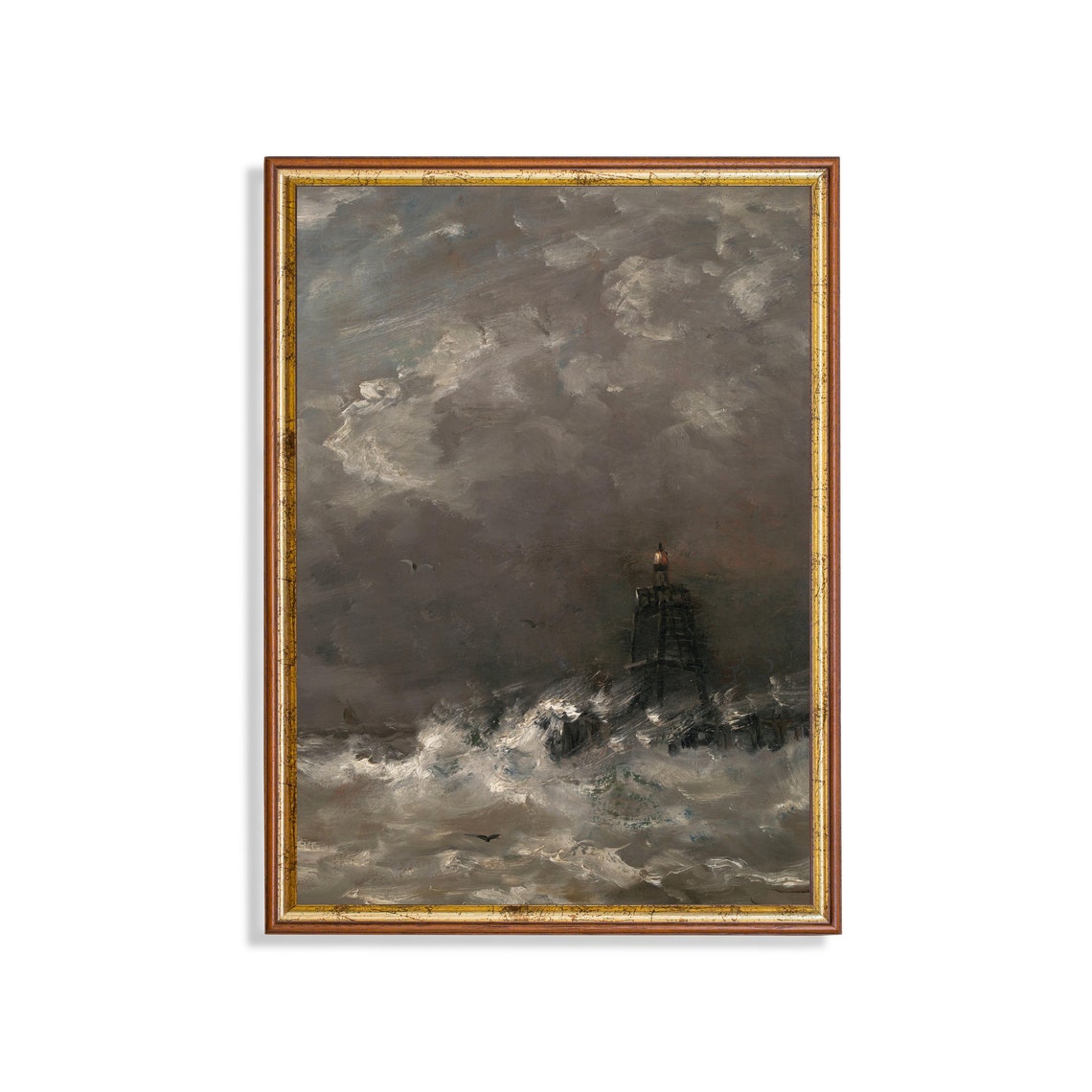 Stormy Lighthouse Tower Amid Crashing Ocean Waves Seascape Poster