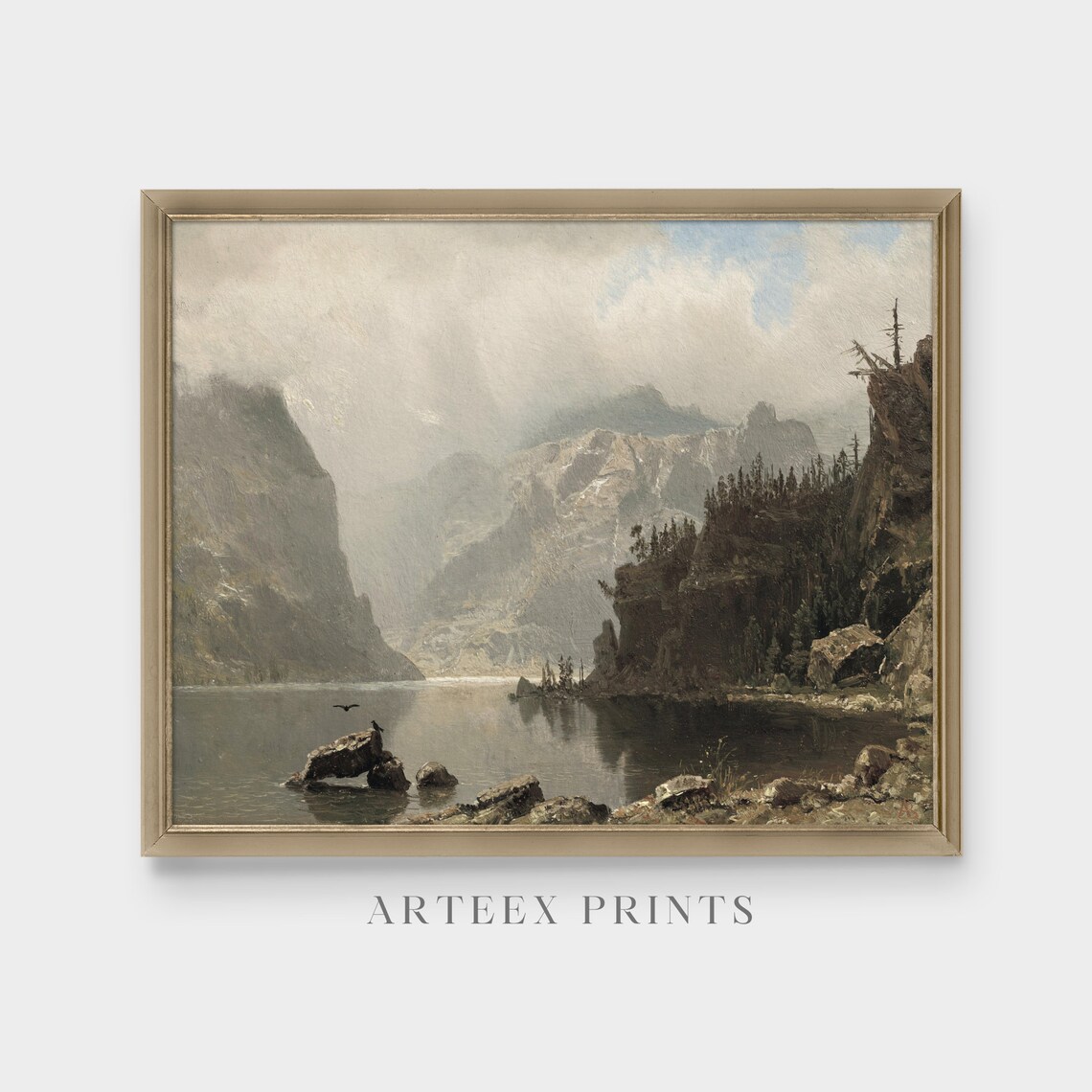 Rocky Cliffs Over a Still Mountain Lake Antique Landscape Poster - Image 4