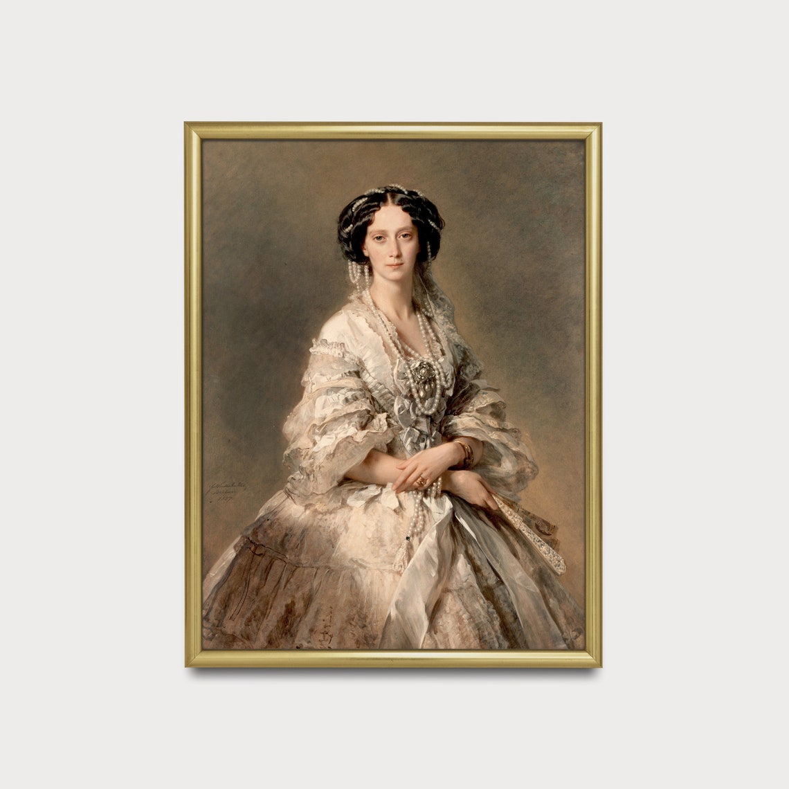 Victorian Lady in White Gown with Pearls Antique Portrait Poster - Image 3