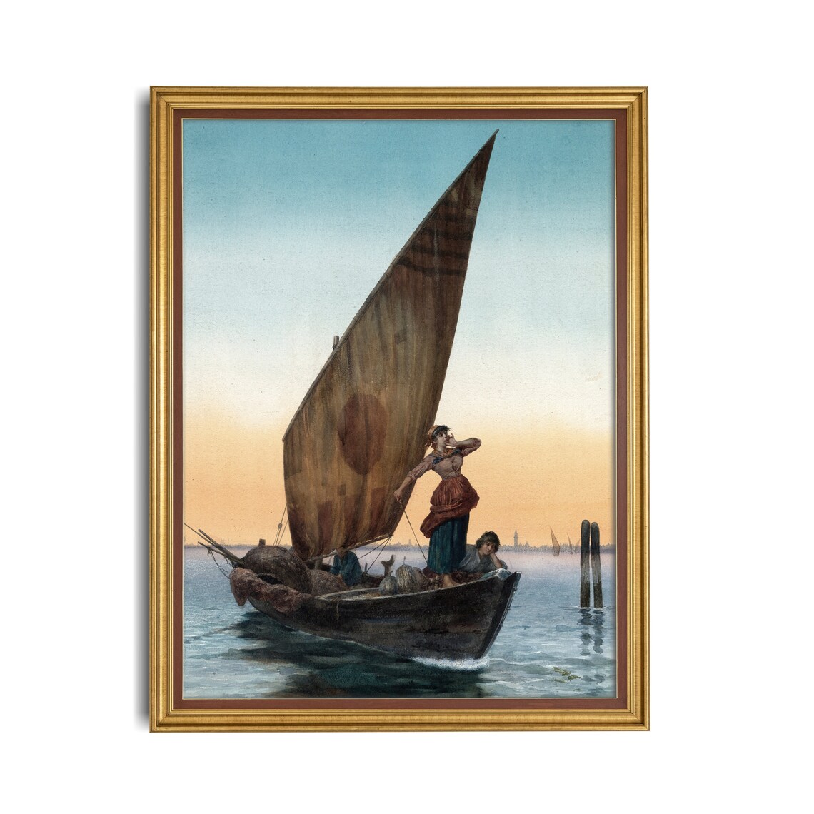Venetian Fishing Boat with Sail at Sunset on Lagoon Waters Poster - Image 3