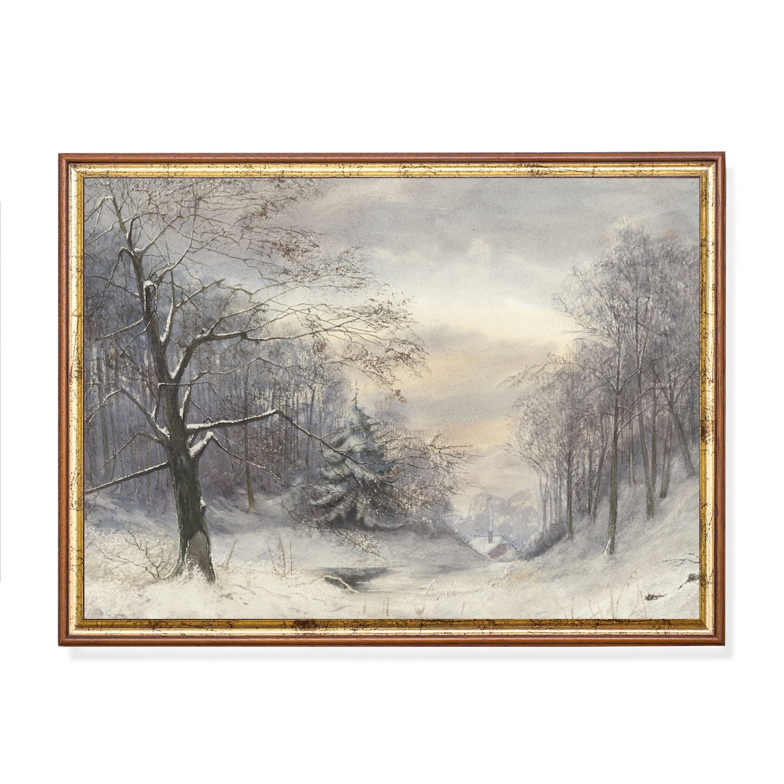 Snowy Birch Woodland Path With Distant Stone Cottages Poster