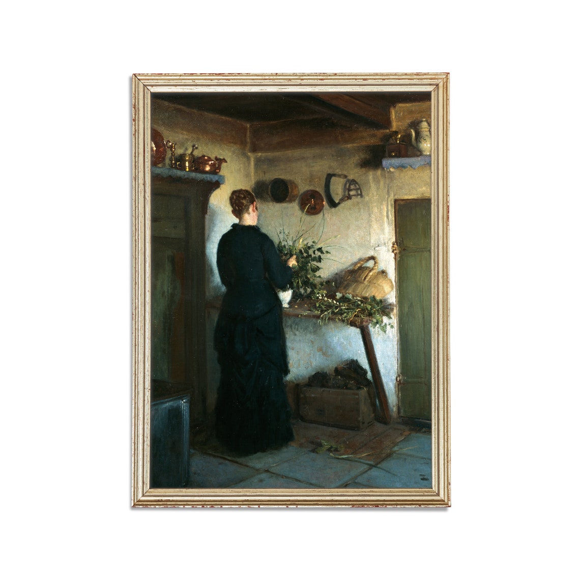 Woman in Black Arranging Flowers in a Rustic Kitchen Interior Poster - Image 2