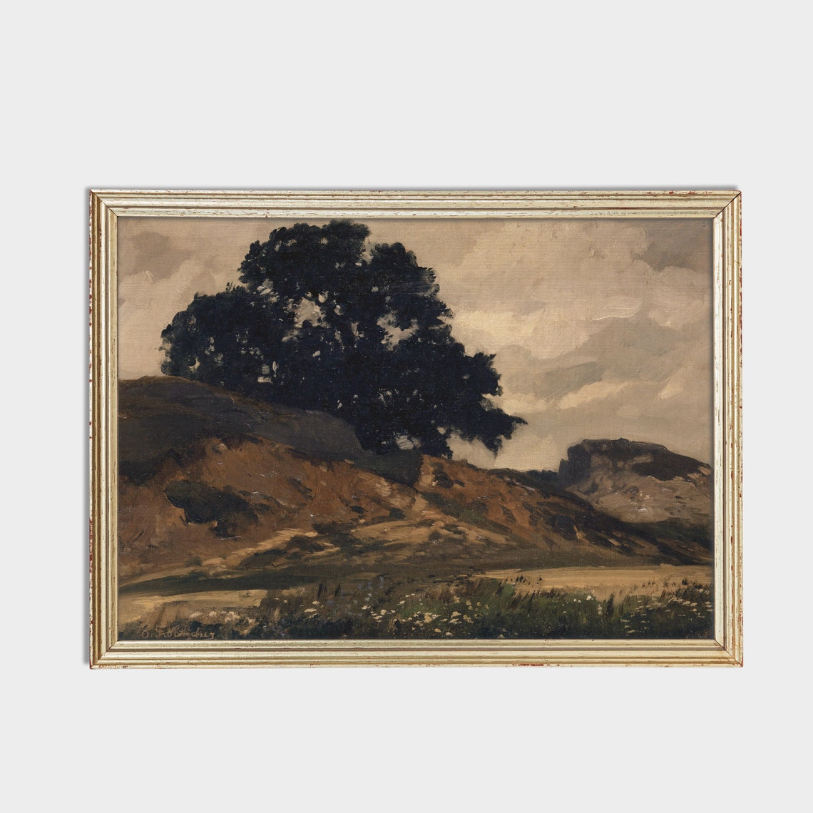 Dark Tree Silhouette on Rocky Hill Moody Vintage Landscape Poster - Image 2
