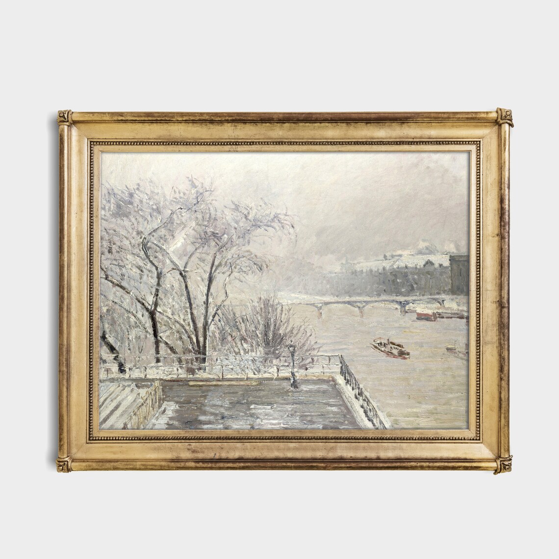 Winter River Cityscape with Boats and Bridge Vintage Painting Poster - Image 2