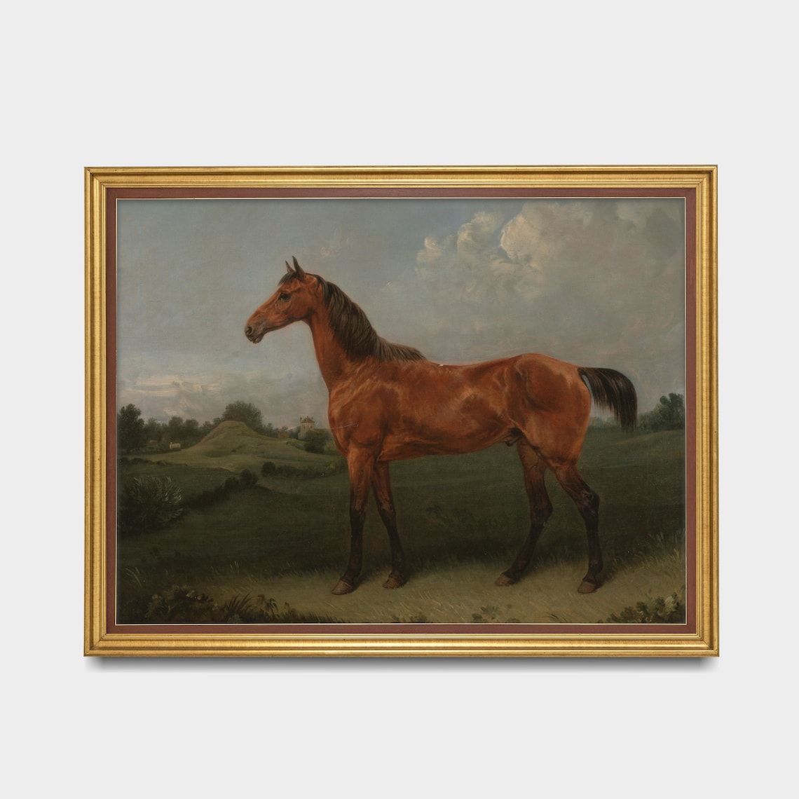 Chestnut Horse Standing in a Green Field Antique Portrait Poster - Image 3