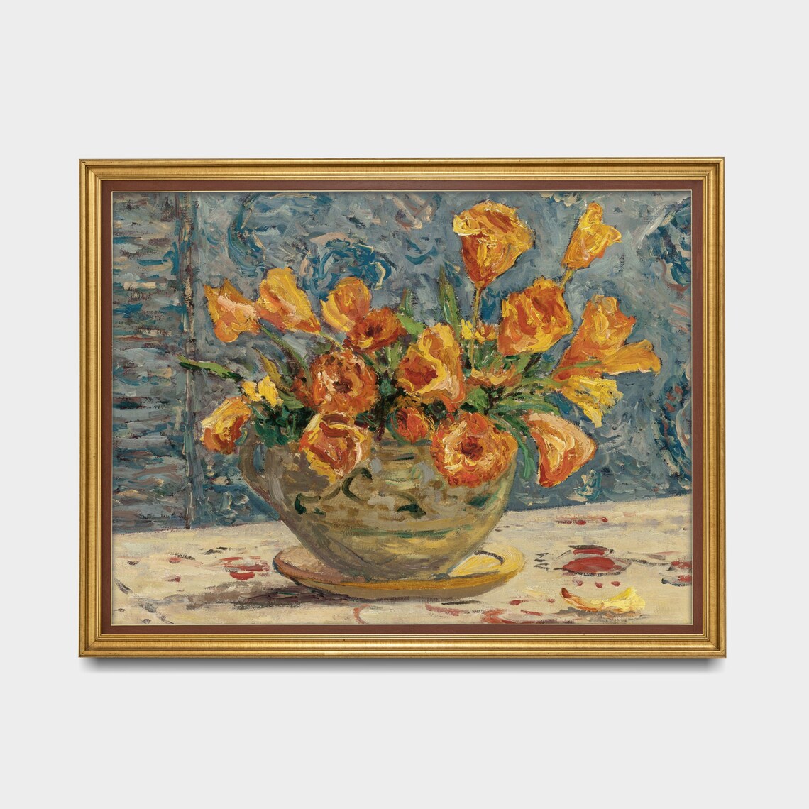 Golden Tulips Bowl Impressionist Blue Background Vintage Floral Poster - Image 4