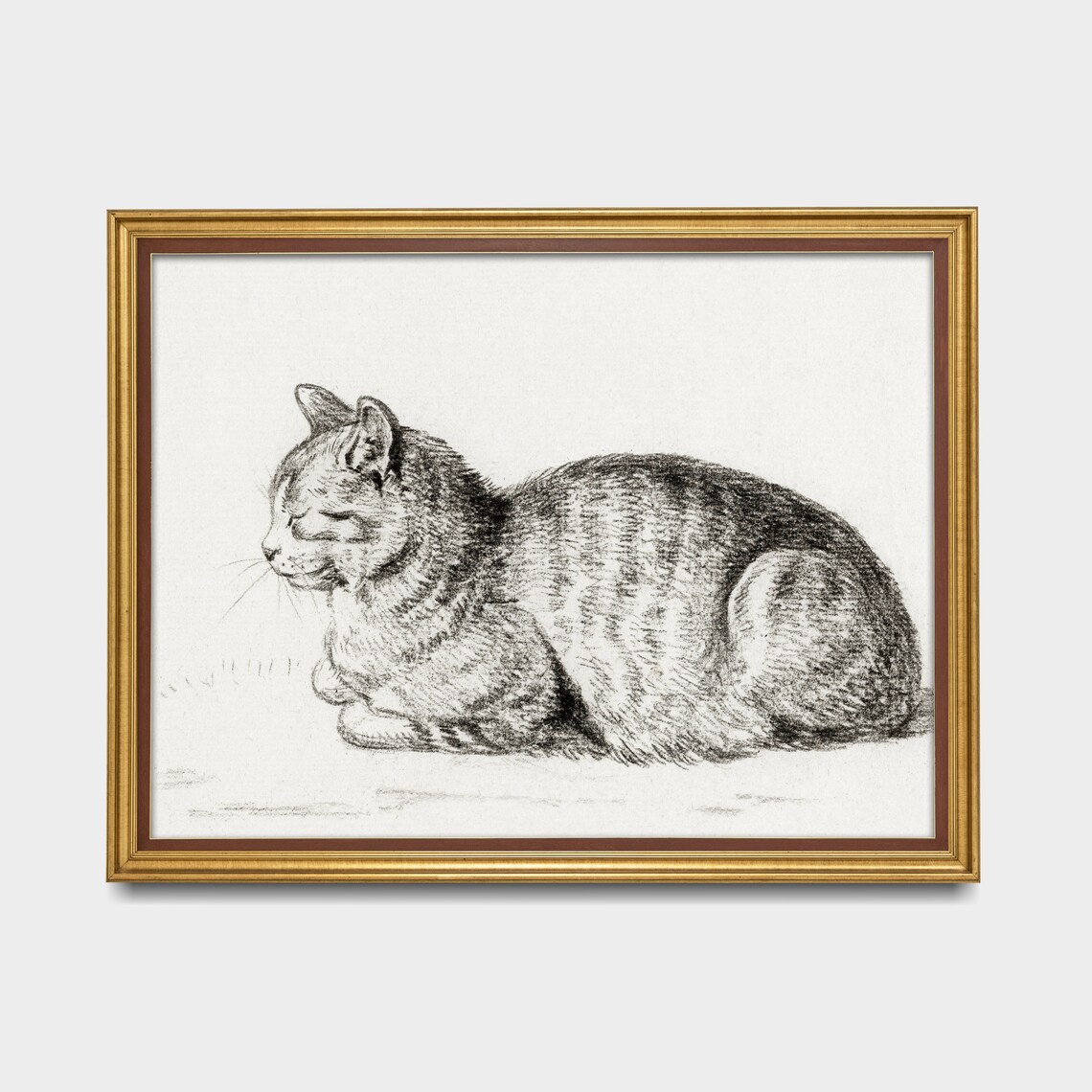 Vintage Charcoal Sketch of a Sleeping Tabby Cat in a Loaf Pose Poster - Image 2