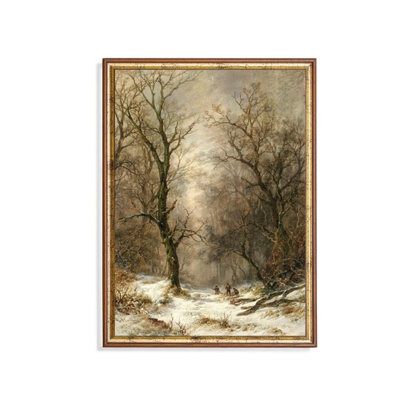 Vintage Winter Landscape Art Print, Rustic Snow Scene