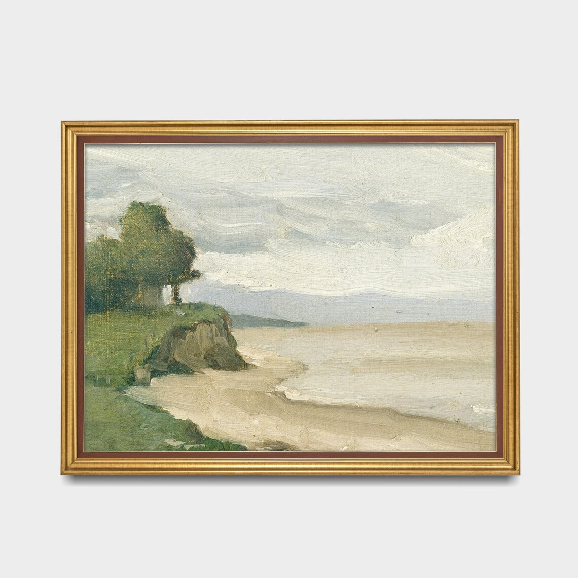 Pale Sandy Cove Beneath Grassy Rocky Cliff Vintage Seascape Poster - Image 3