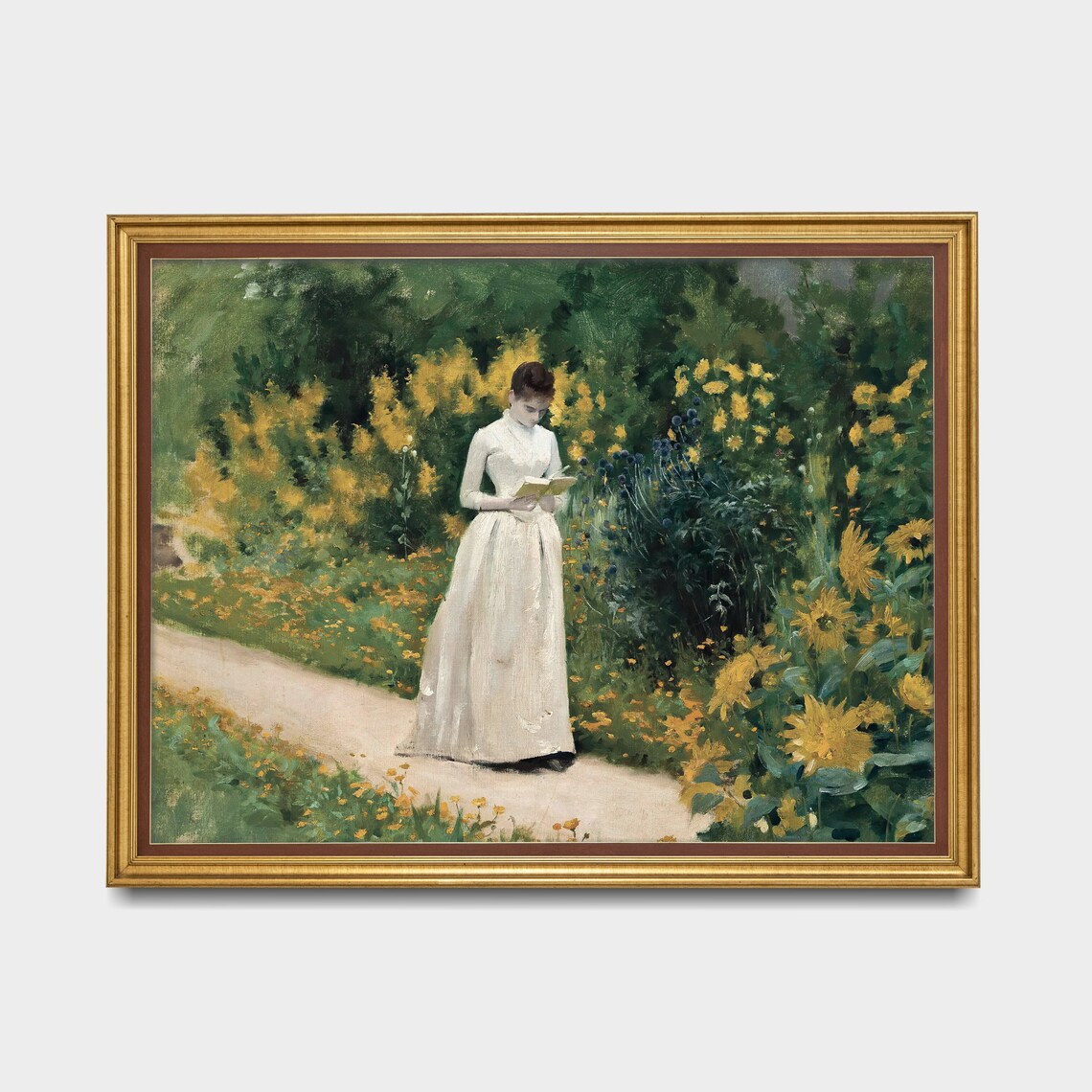 Woman In White Dress Reading A Book In The Yellow Flower Garden Poster - Image 5