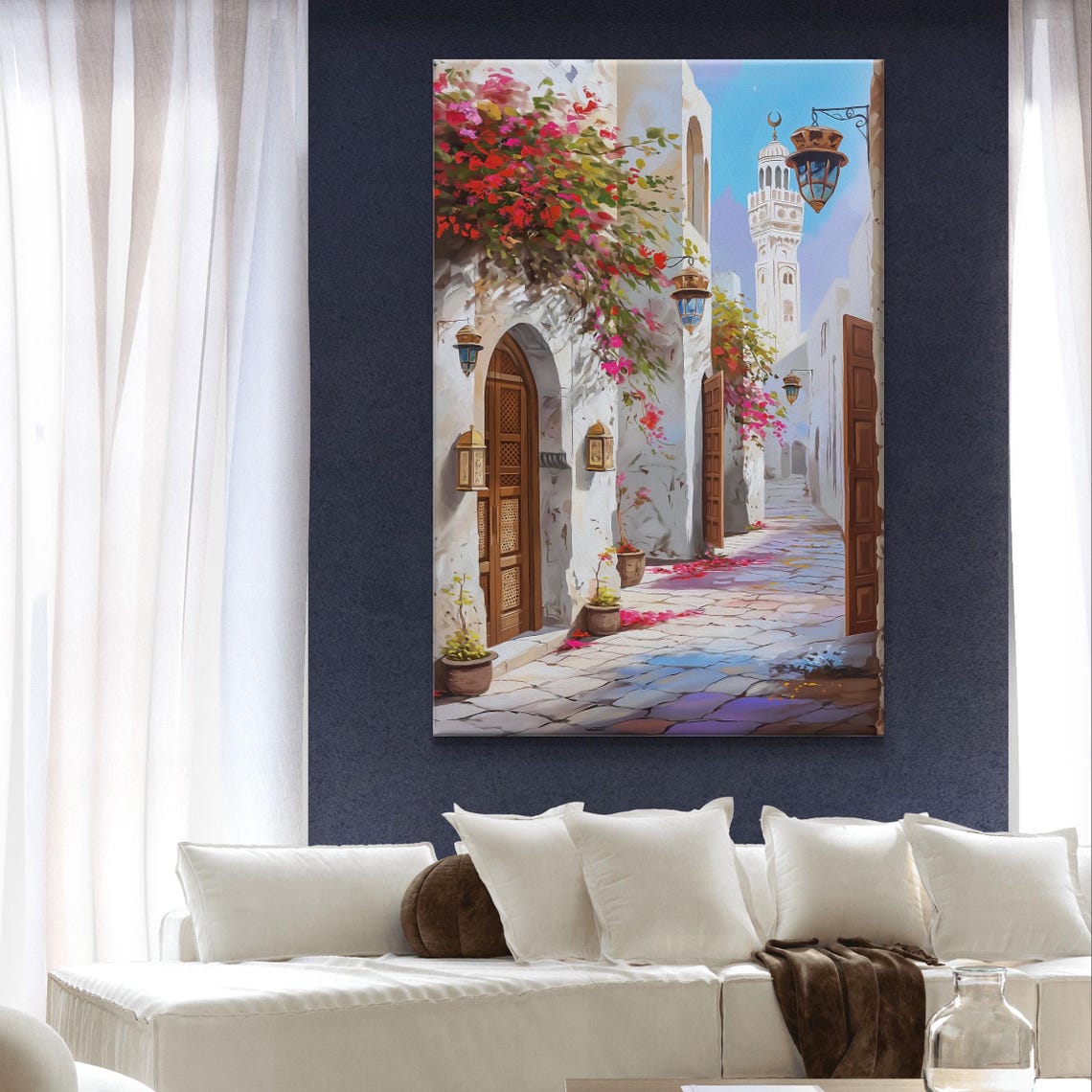 Muscat Oman Old Street Minaret Lanterns Bougainvillea Art Poster - Image 4