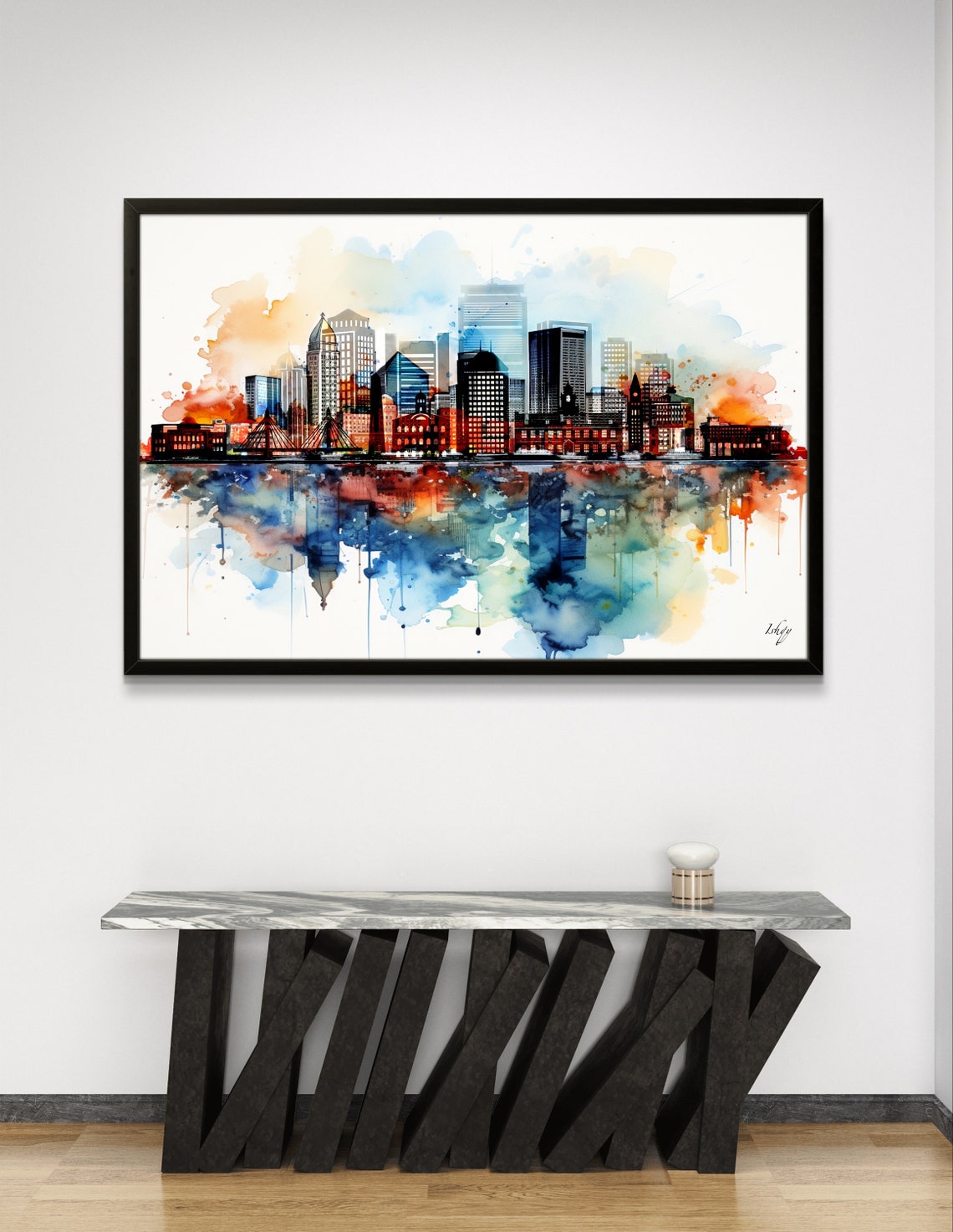 Boston Skyline Watercolor Cityscape Reflection Modern Poster - Image 3