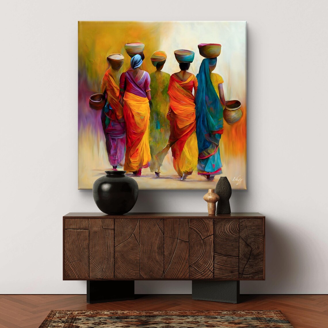 Women in Sarees Carrying Water Pots Vibrant Heritage Scene Poster - Image 5