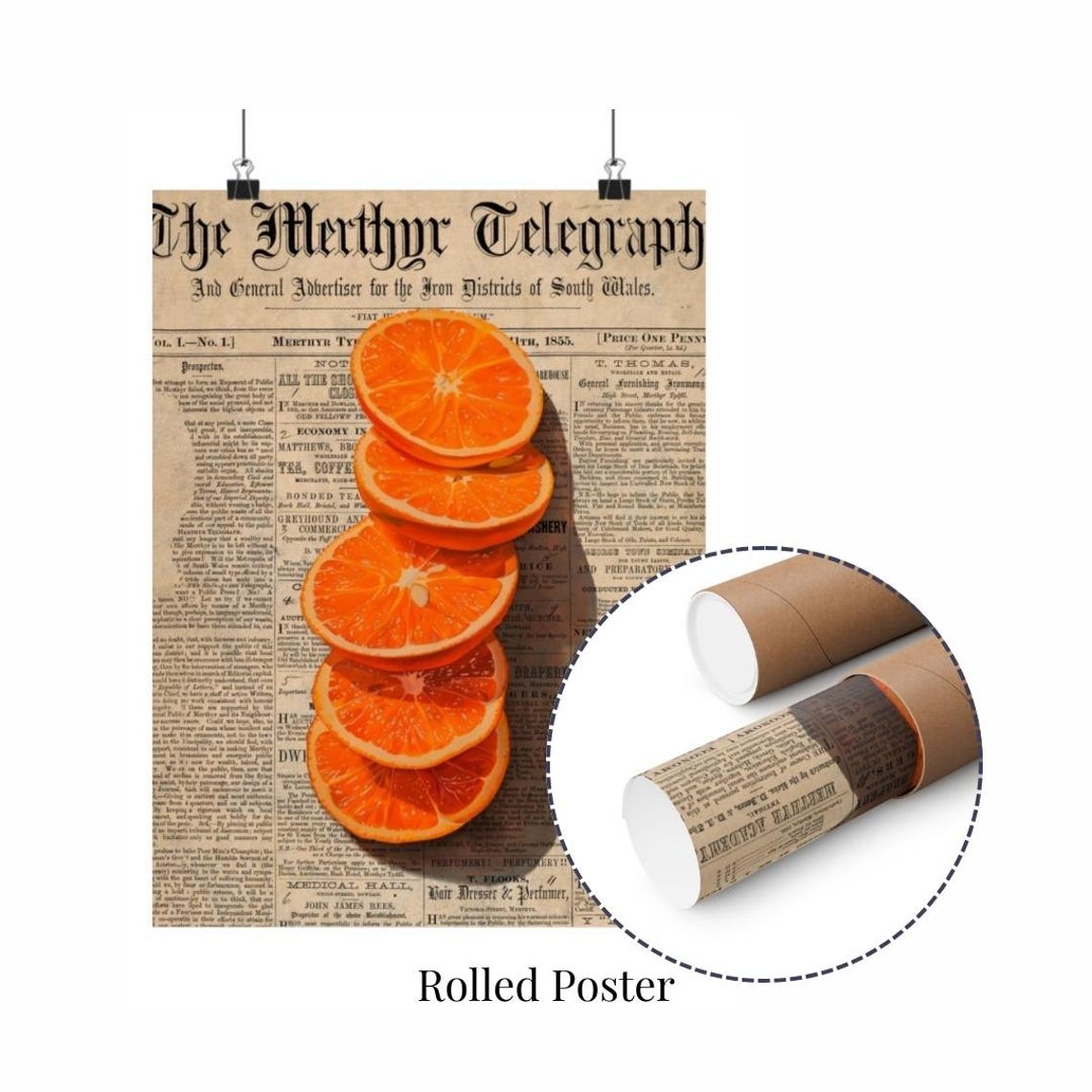 Sliced Orange Stack Vintage 1855 Newspaper Citrus Kitchen Art Poster - Image 2