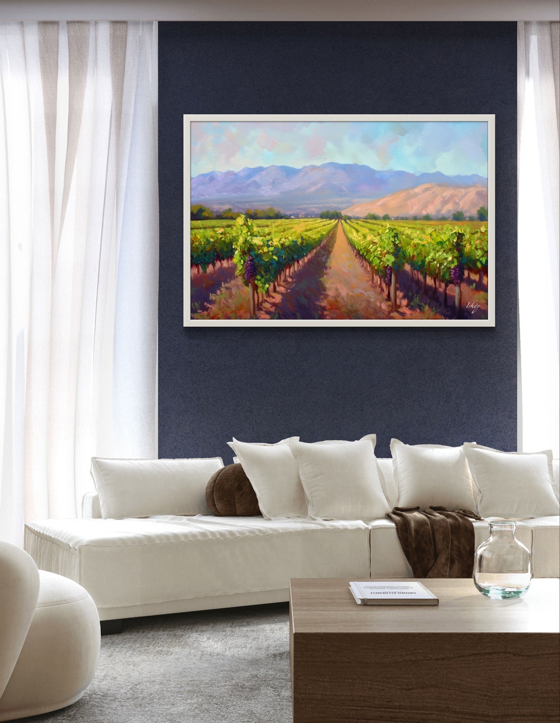 Vineyard Rows at Golden Hour with Mountain Backdrop Art Poster - Image 3