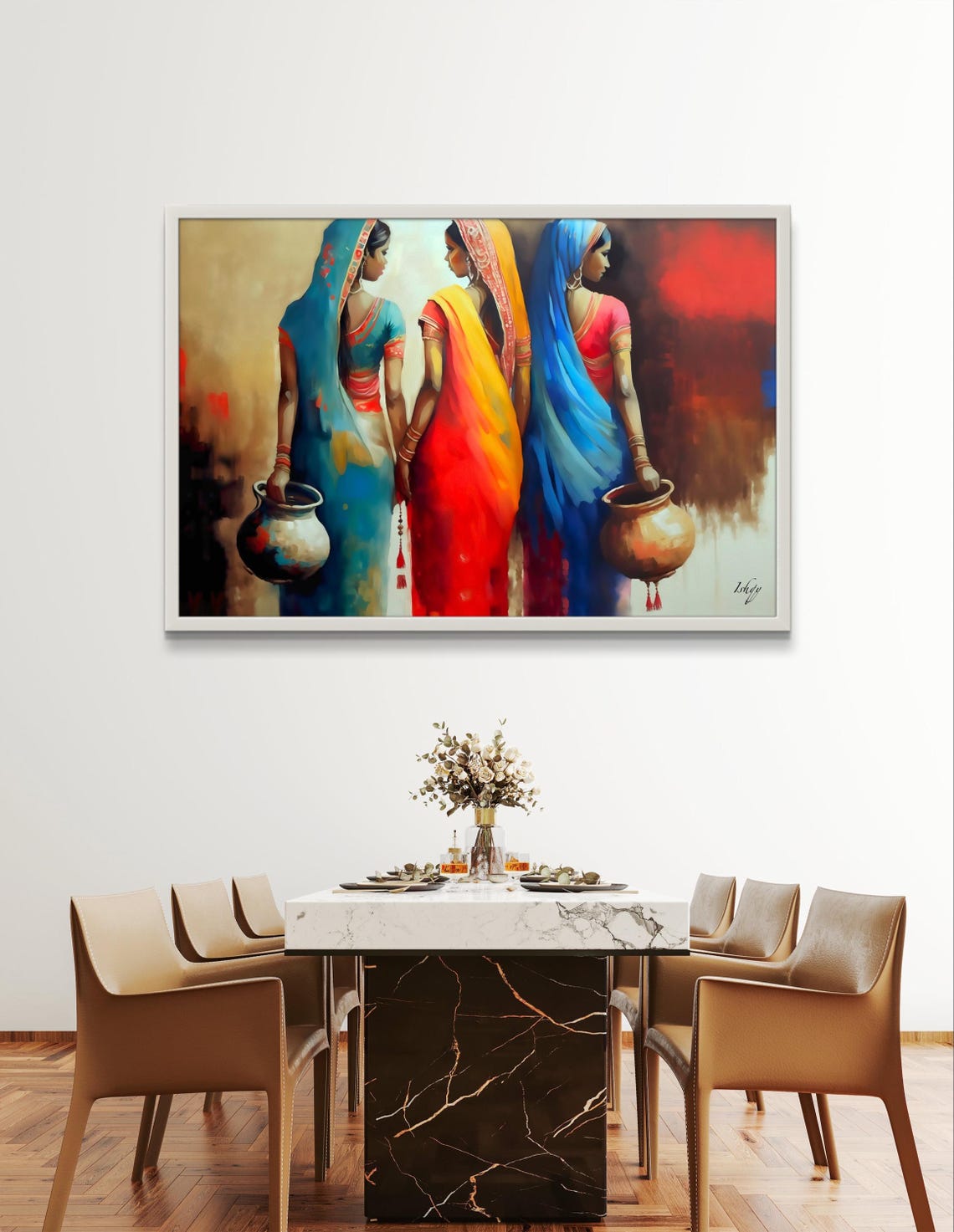 Three Indian Women in Bright Sarees Holding Water Pots Poster - Image 4