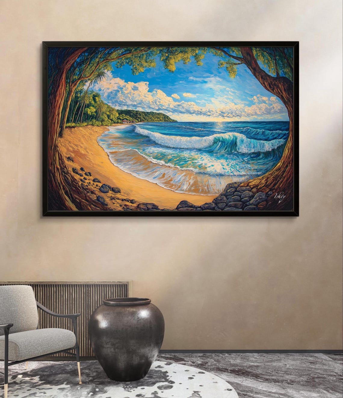 Tropical Beach Through a Tree Arch with Turquoise Wave Poster - Image 2