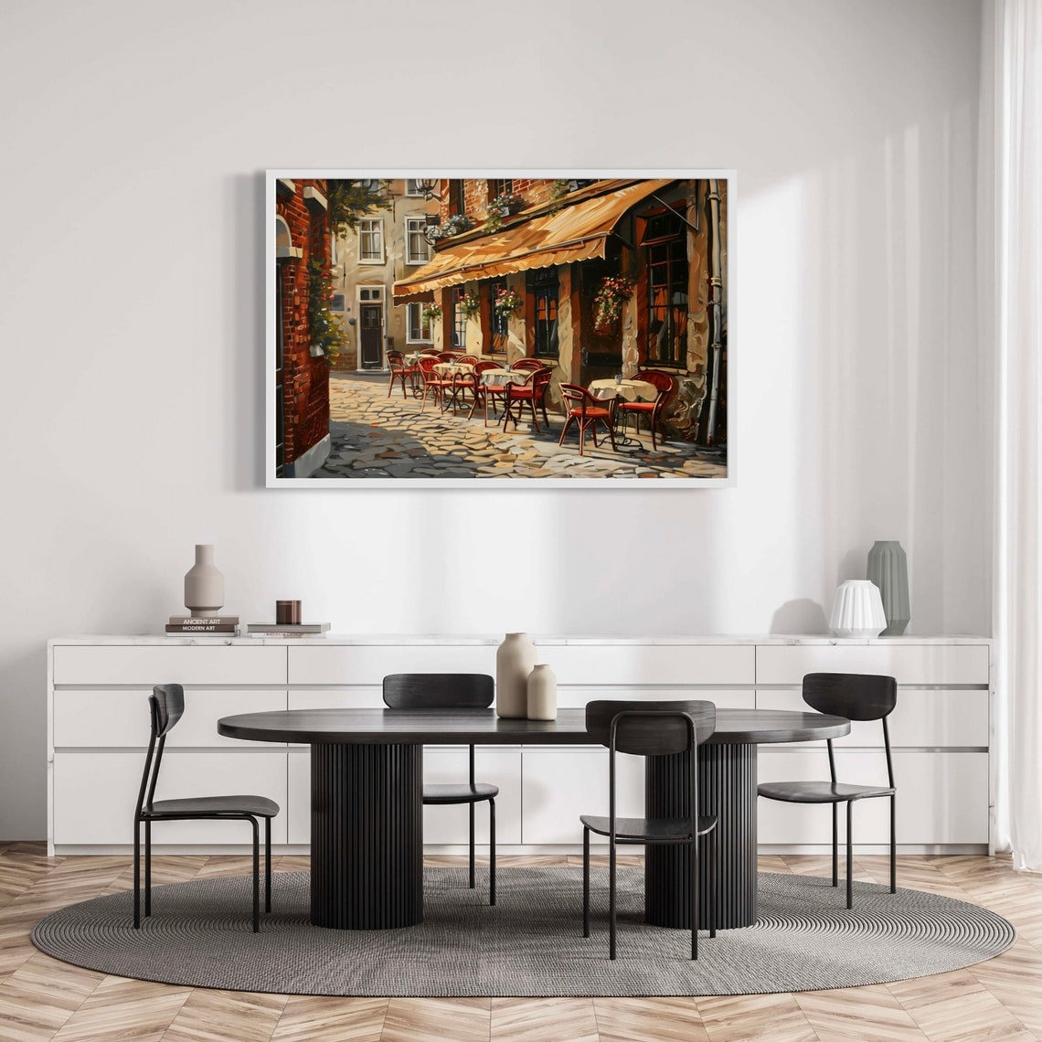 European Street Cafe Scene with Red Chairs in Old Town Poster - Image 4