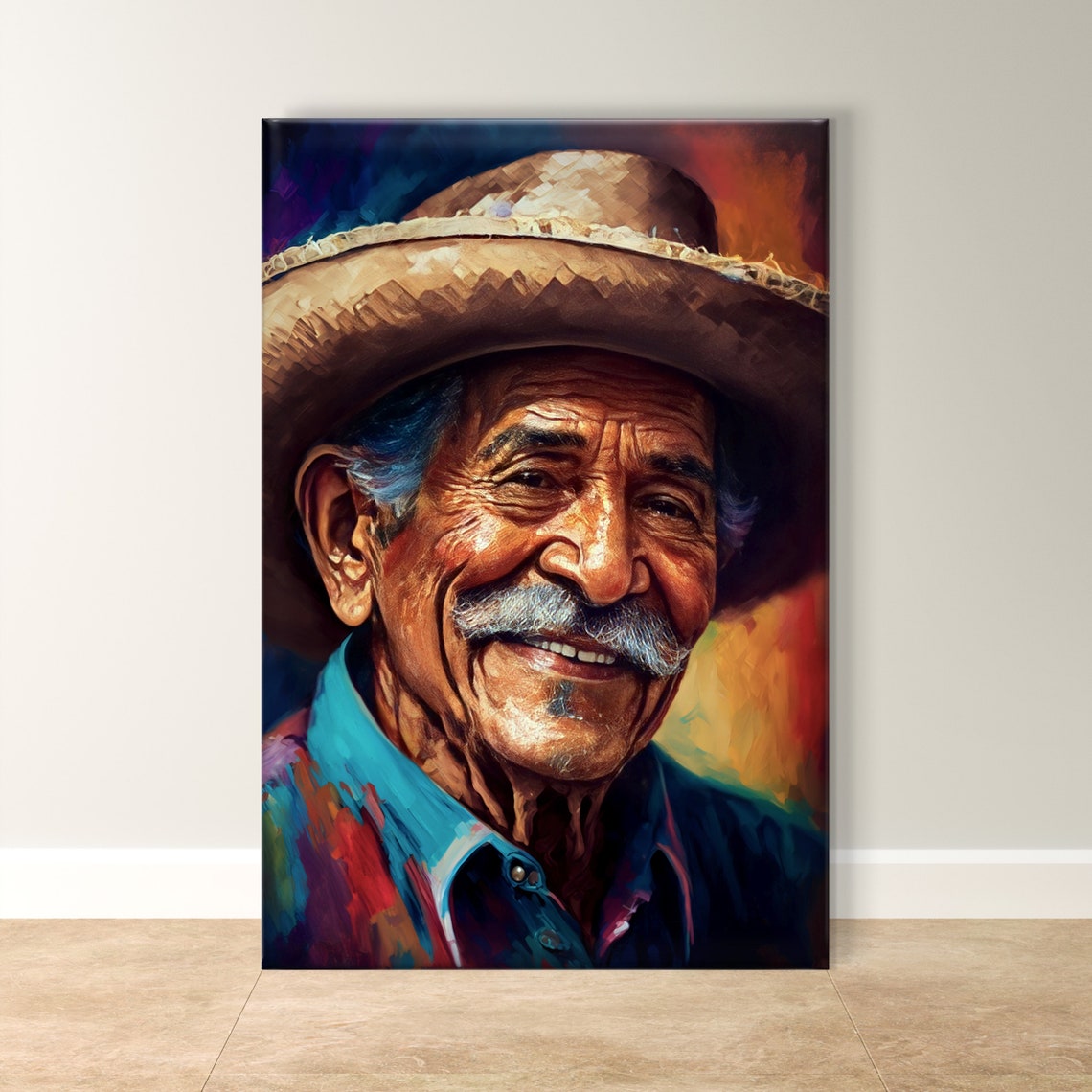 Smiling Elderly Mexican Man in Straw Sombrero Portrait Poster