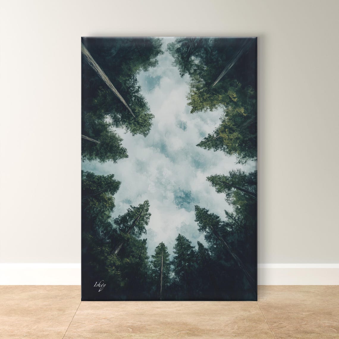 Forest Canopy View From Below Cloudy Sky Overhead Nature Poster