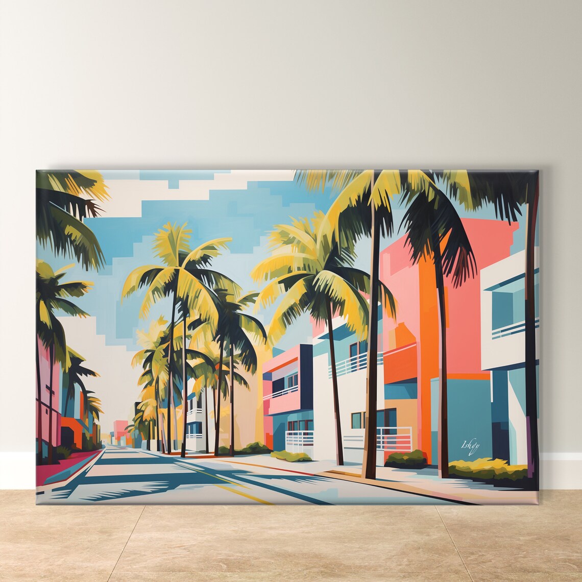 Miami Geometric Street Scene with Palms and Bold Faceted Color Poster