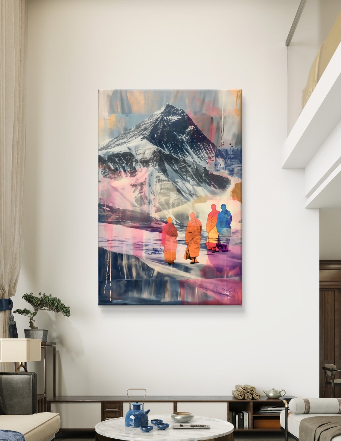Tibetan Monks Walking Toward Snowy Mountain Peaks Art Poster - Image 5