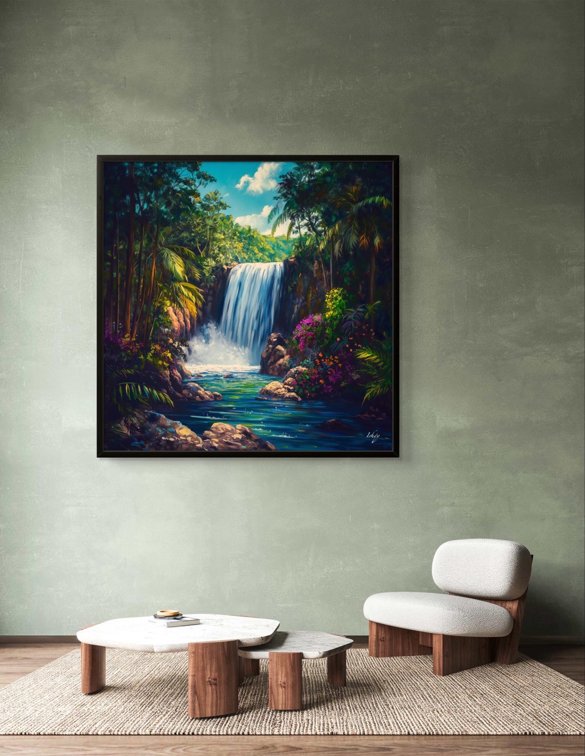 Tropical Jungle Waterfall with Lush Green Foliage Art Poster - Image 3