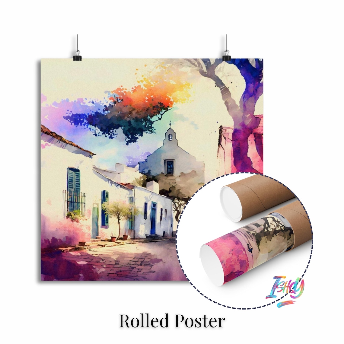 White Colonial Chapel Watercolor Village Street Serene Poster - Image 2