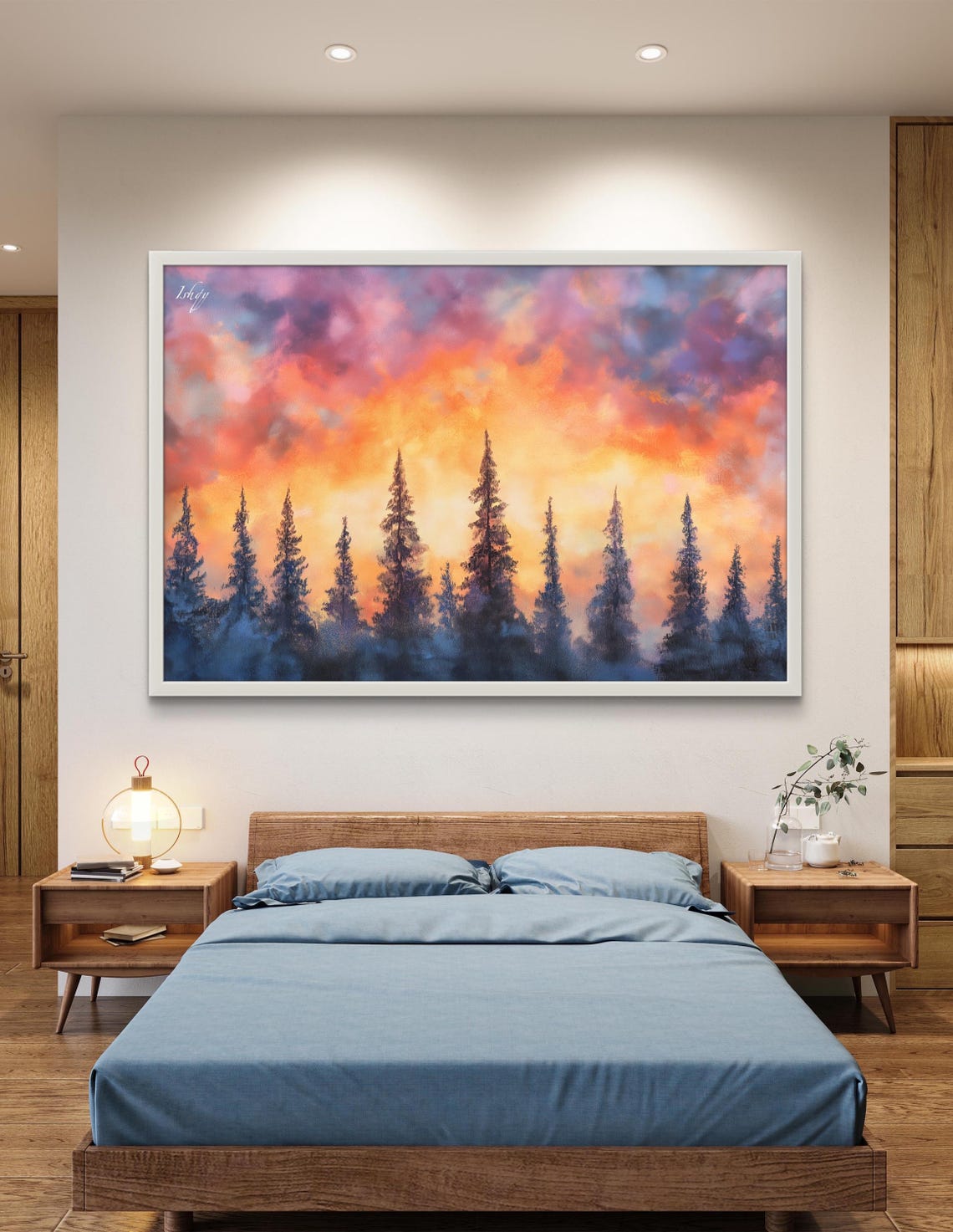 Sunset Pine Forest Fiery Orange Sky Silhouette Landscape Poster - Image 3