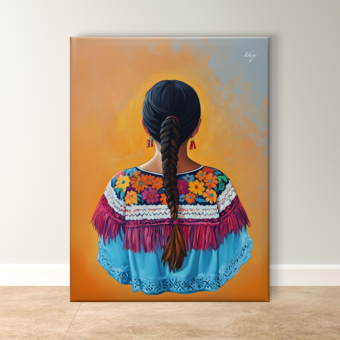 Oaxacan Woman in Colorful Embroidered Blouse Back View Poster