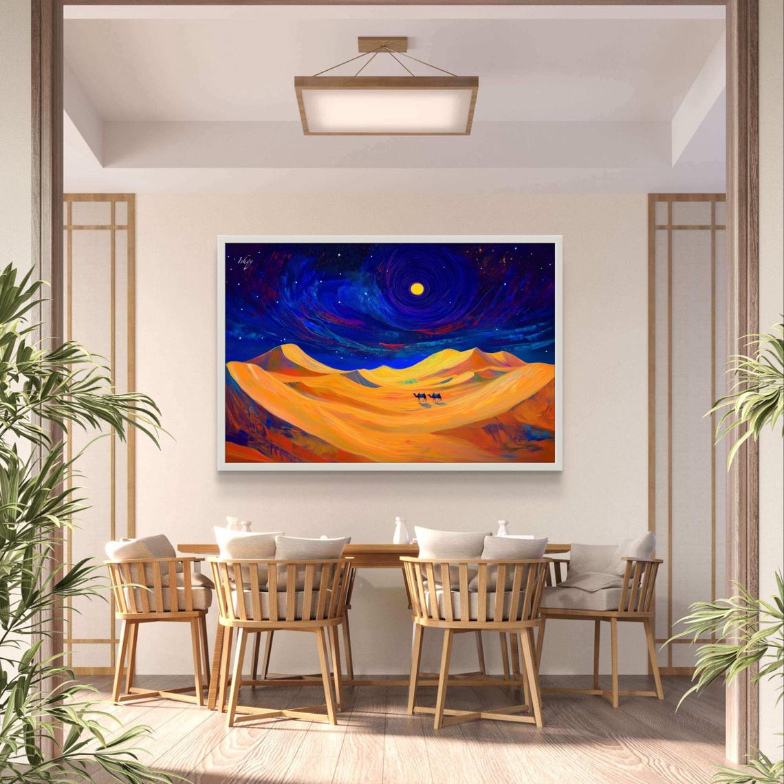 Desert Night Golden Dunes Camel Caravan Under Swirling Moon Sky Poster - Image 3