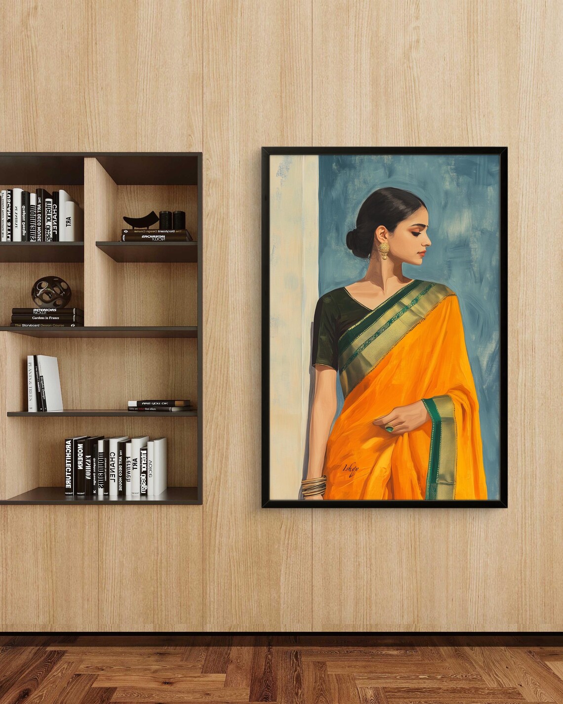Elegant Indian Woman in Orange Saree Cultural Portrait Painting Poster - Image 2