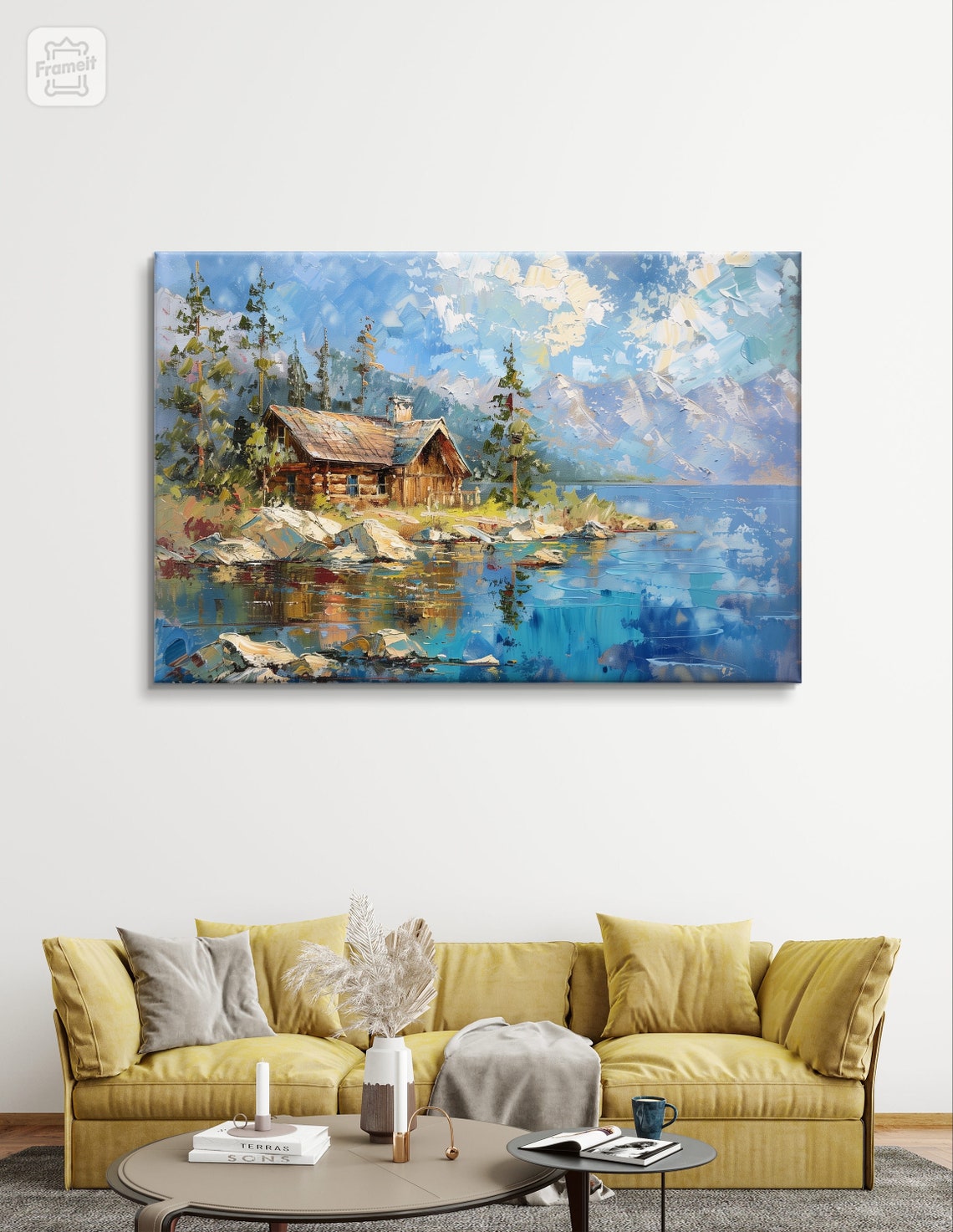 Lake Tahoe Rustic Log Cabin on Rocky Shore with Snowy Peaks Poster - Image 4