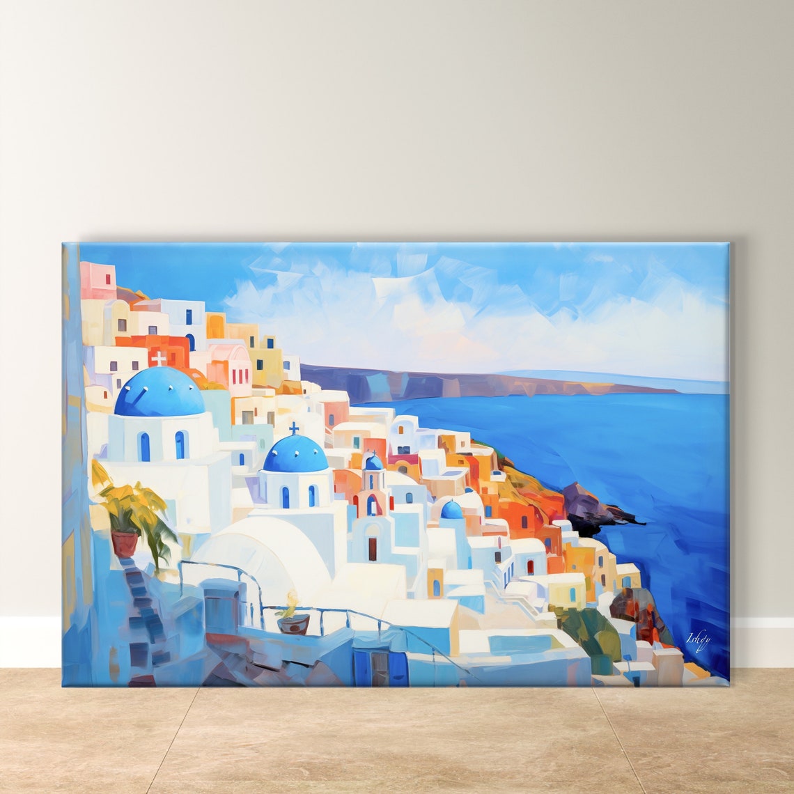 Santorini Blue Dome Churches Over the Aegean Sea Painting Poster
